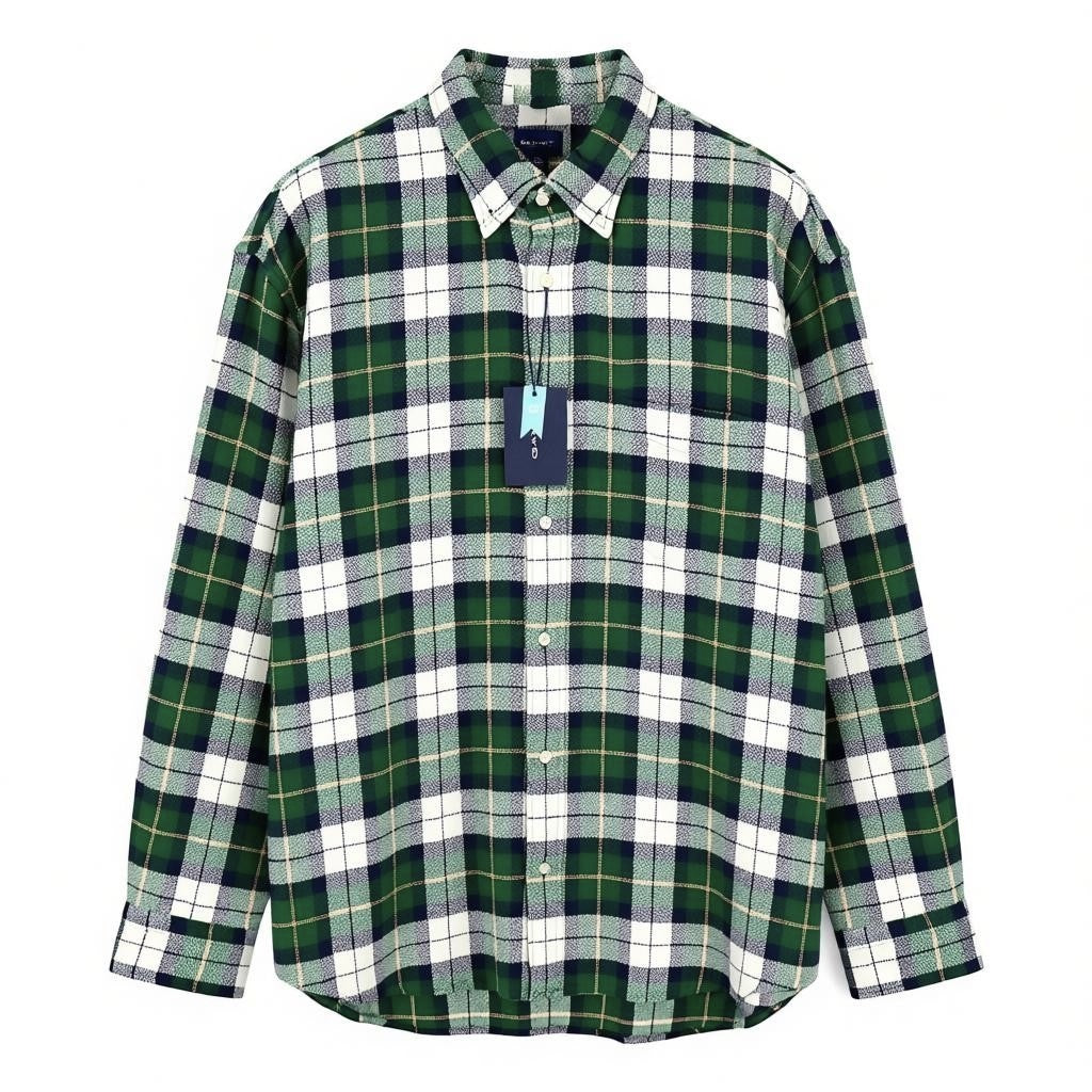 GANT Rel Texture Check Men Shirt XL Forest Green Flannel Button-Down Neck Casual