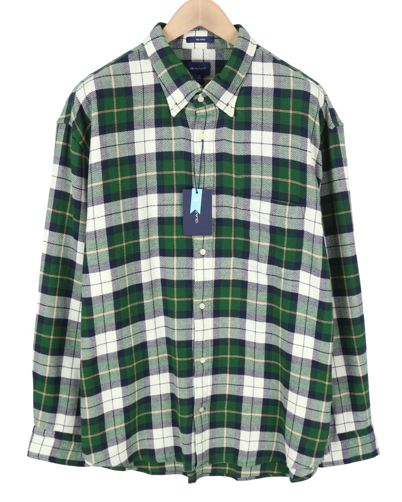 GANT Rel Texture Check Men Shirt XL Forest Green Flannel Button-Down Neck Casual