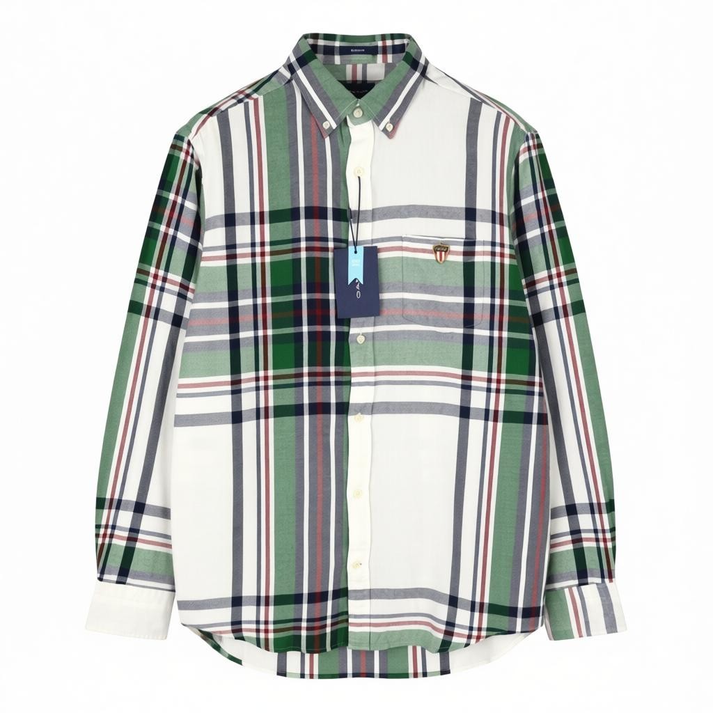 GANT Reg Flannel Banner Shield Men Shirt M Eggshell Button-Down Patch Pocket