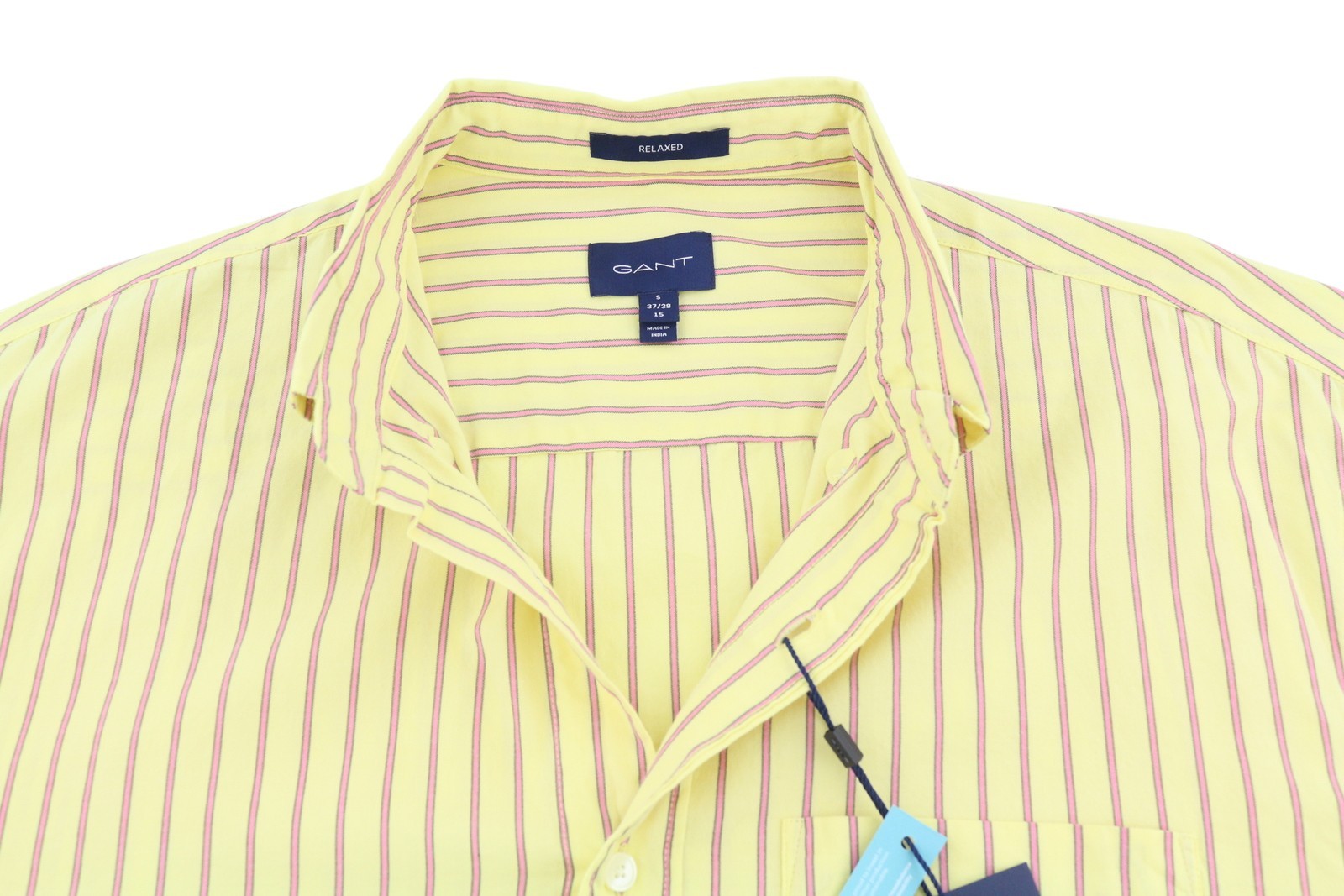GANT Rel Oxford Stripe vyriški marškinėliai S, citrininė spalva, sagomis užsegama apykakle, užlopytomis kišenėmis, laisvalaikio stilius 