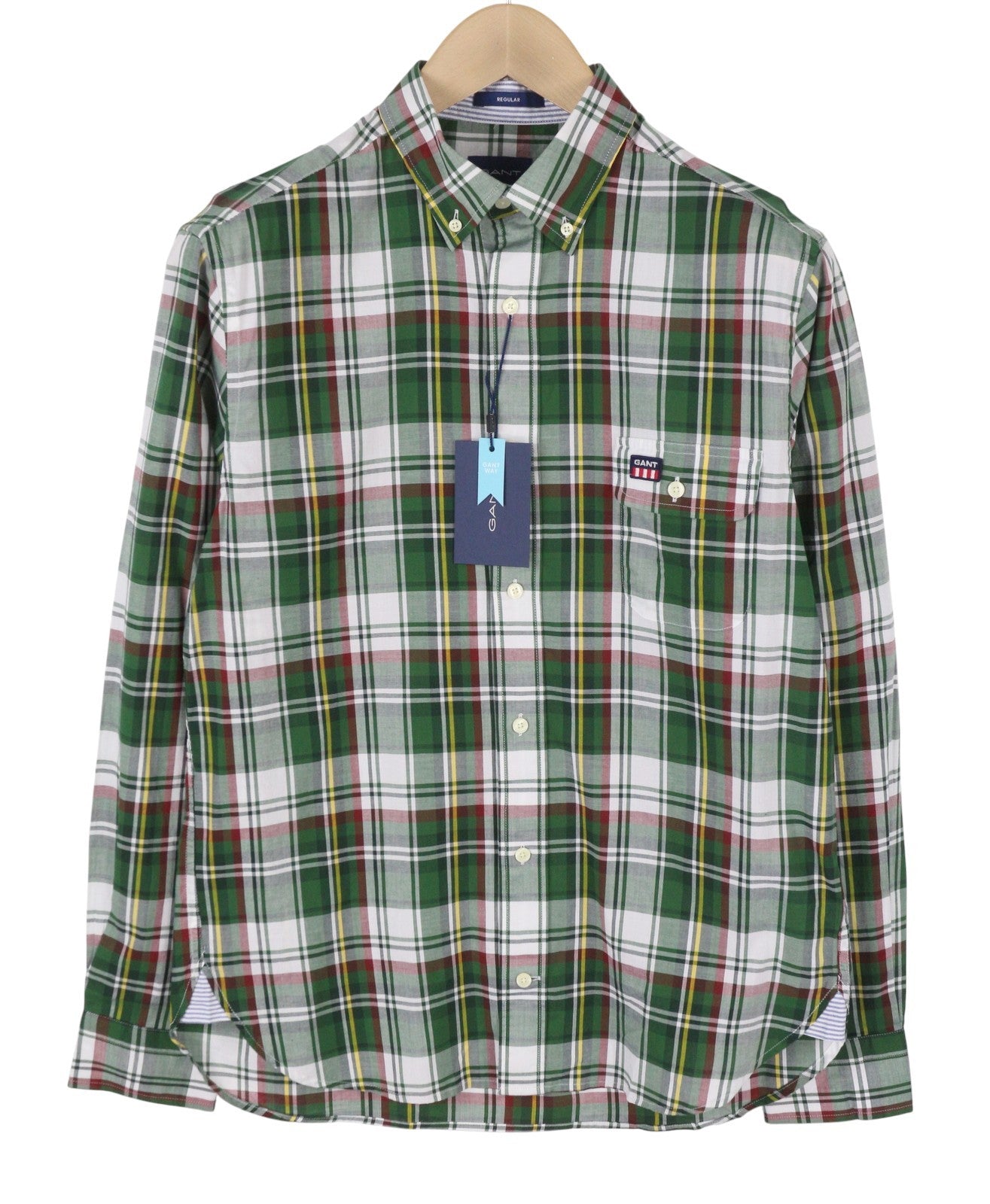 GANT Reg Ut Washed Check Men Shirt S Eden Green Button-Down Neck Logo Casual