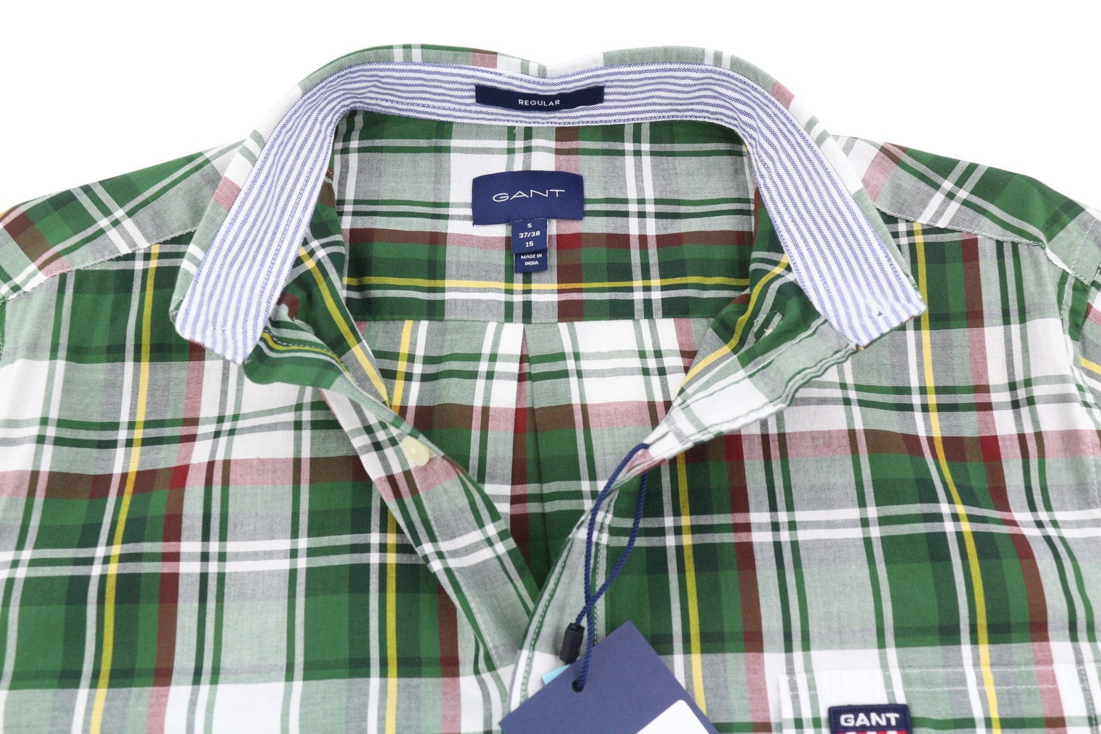 GANT Reg Ut Washed Check Men Shirt S Eden Green Button-Down Neck Logo Casual