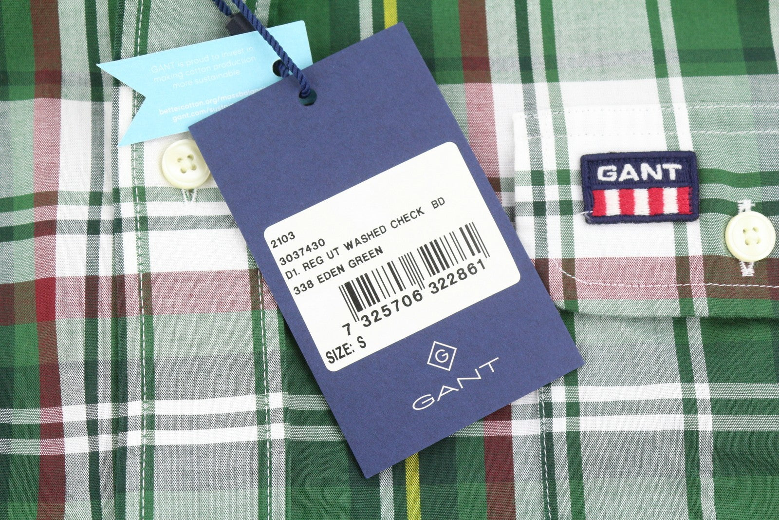 GANT Reg Ut Washed Check Men Shirt S Eden Green Button-Down Neck Logo Casual
