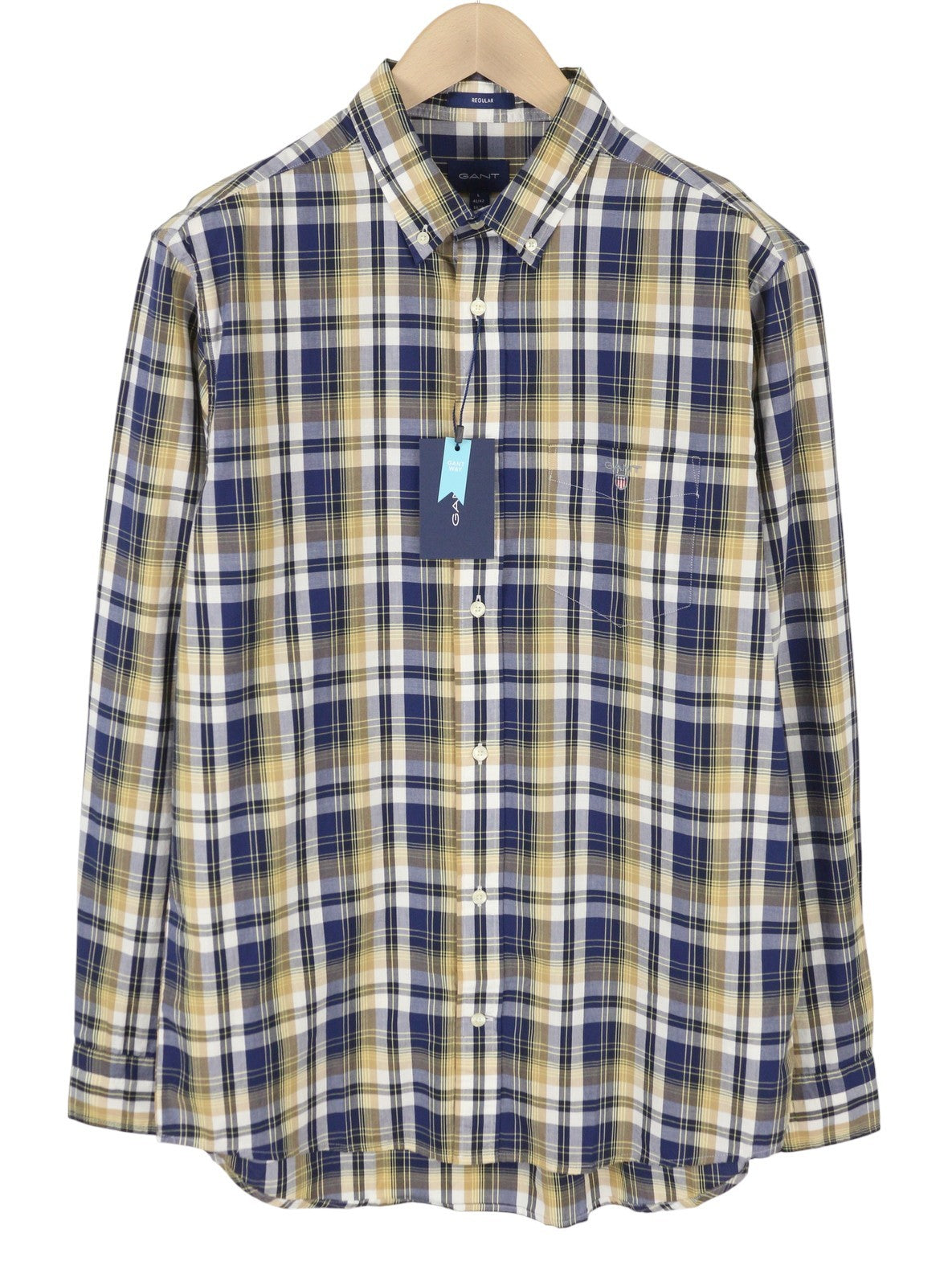 GANT Reg Washed Poplin Check Men Shirt L Hazelwood Beige Button-Down Neck Casual