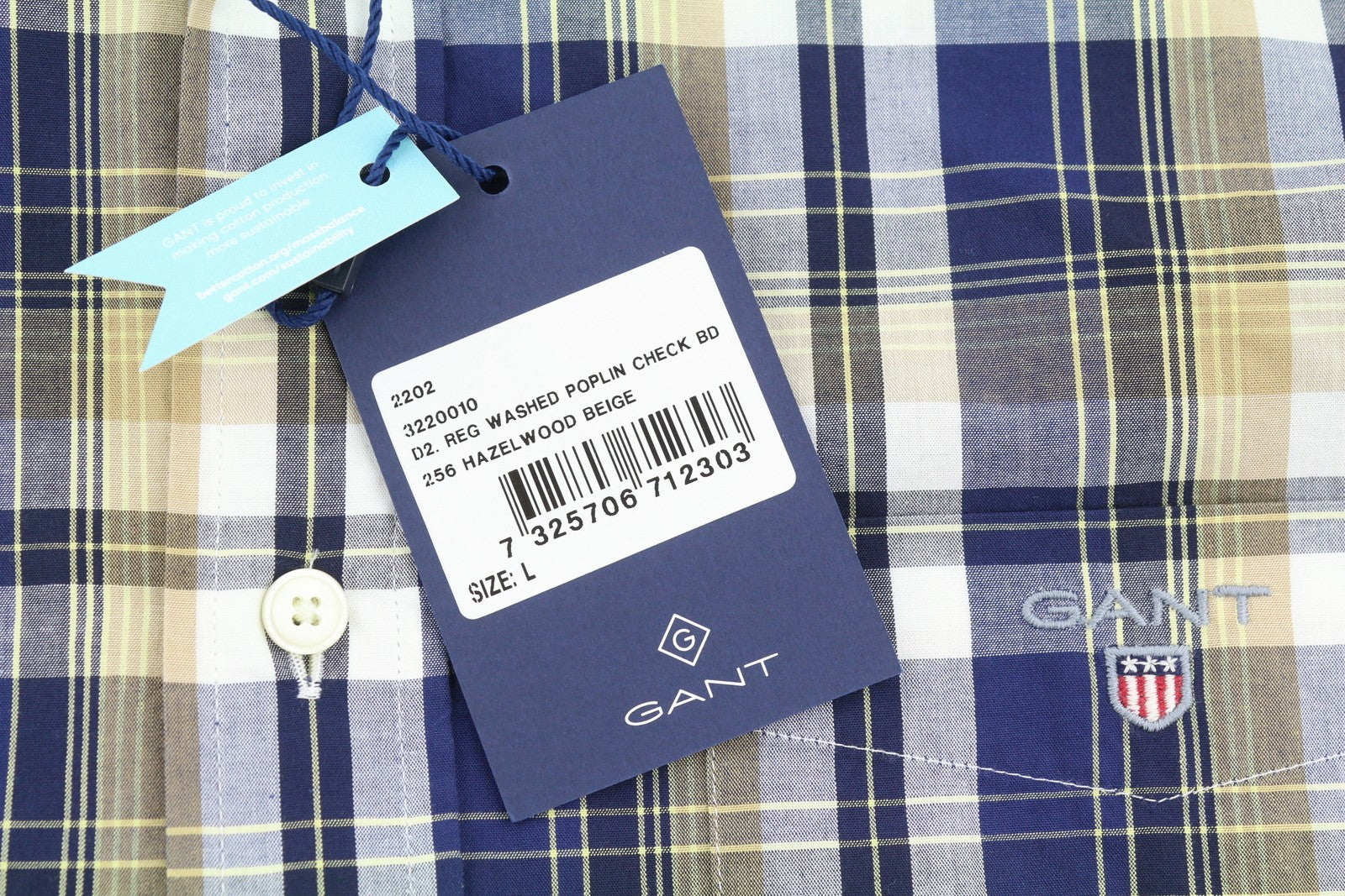 GANT Reg Washed Poplin Check vyriški marškinėliai L dydžio lazdyno medžio smėlio spalvos su sagomis žemyn iškirpte laisvalaikio stiliumi