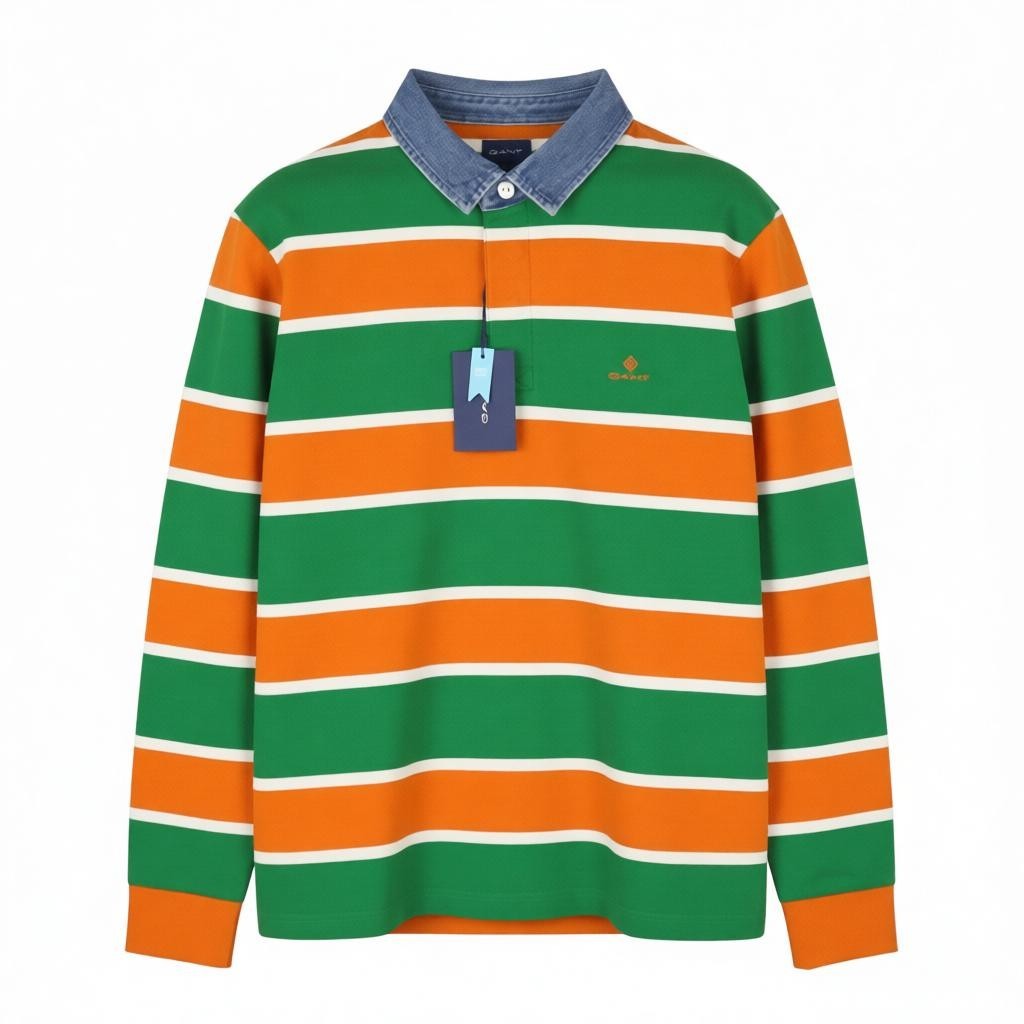 GANT Denim Collar LS Rugger Men T-Shirt L Rugby Striped Polo Neck Long Sleeve