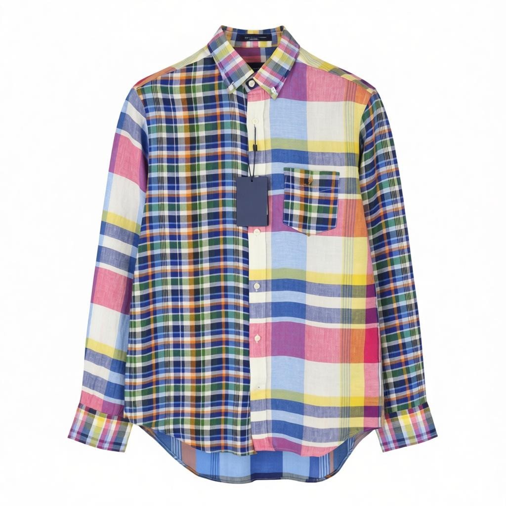 GANT Mixed Panel Linen Madras Men Shirt L Colourful Button-Down Casual