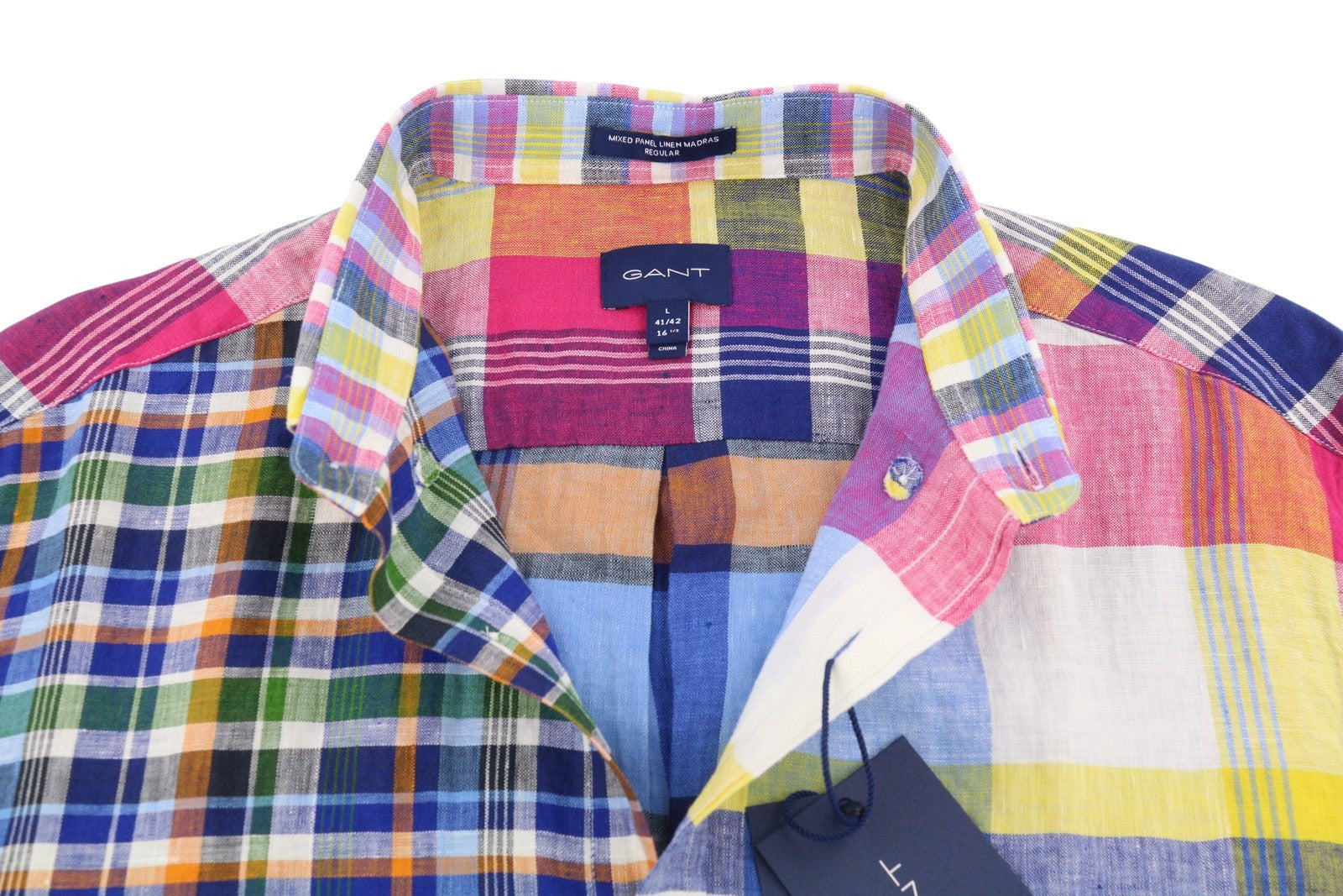 GANT Mixed Panel Linen Madras vyriški marškinėliai L dydžio spalvingi laisvalaikio stiliaus marškinėliai su sagomis 