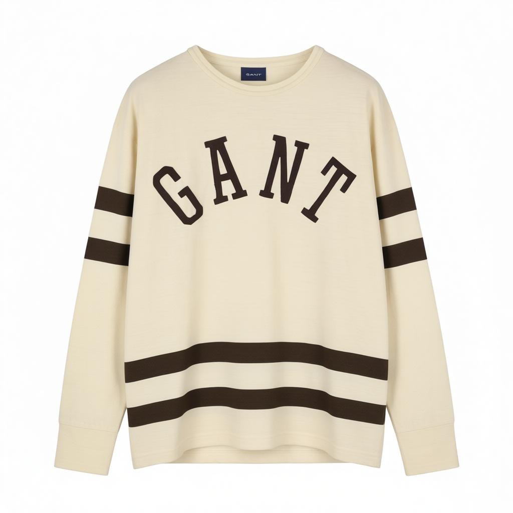 GANT Wool Jersey Men T-Shirt 2XL Cream Crew Neck Stretch Long Sleeve Logo