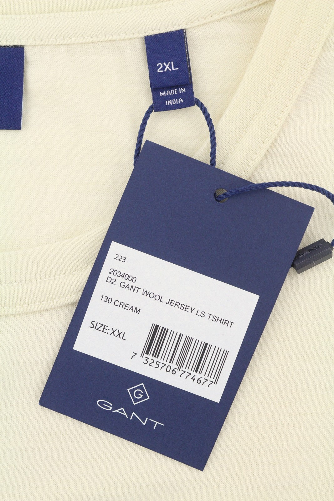 GANT Wool Jersey Men T-Shirt 2XL Cream Crew Neck Stretch Long Sleeve Logo