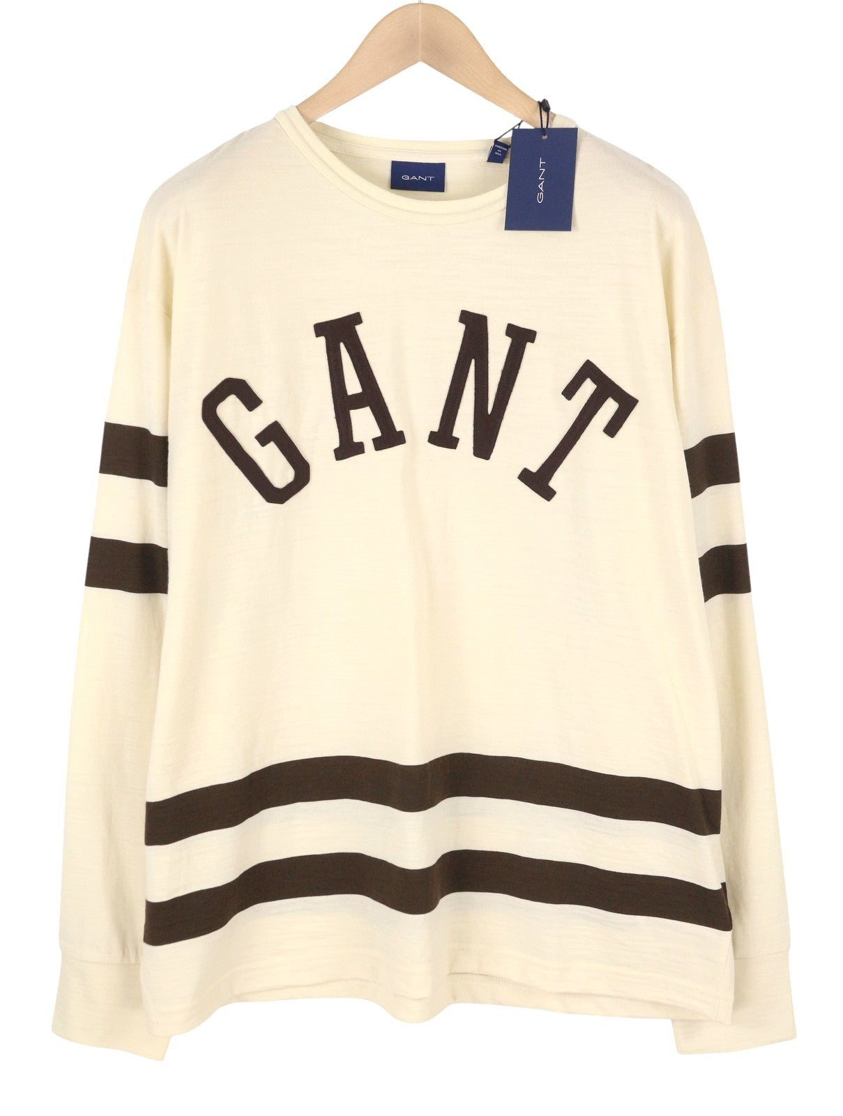 GANT Wool Jersey Men T-Shirt 2XL Cream Crew Neck Stretch Long Sleeve Logo