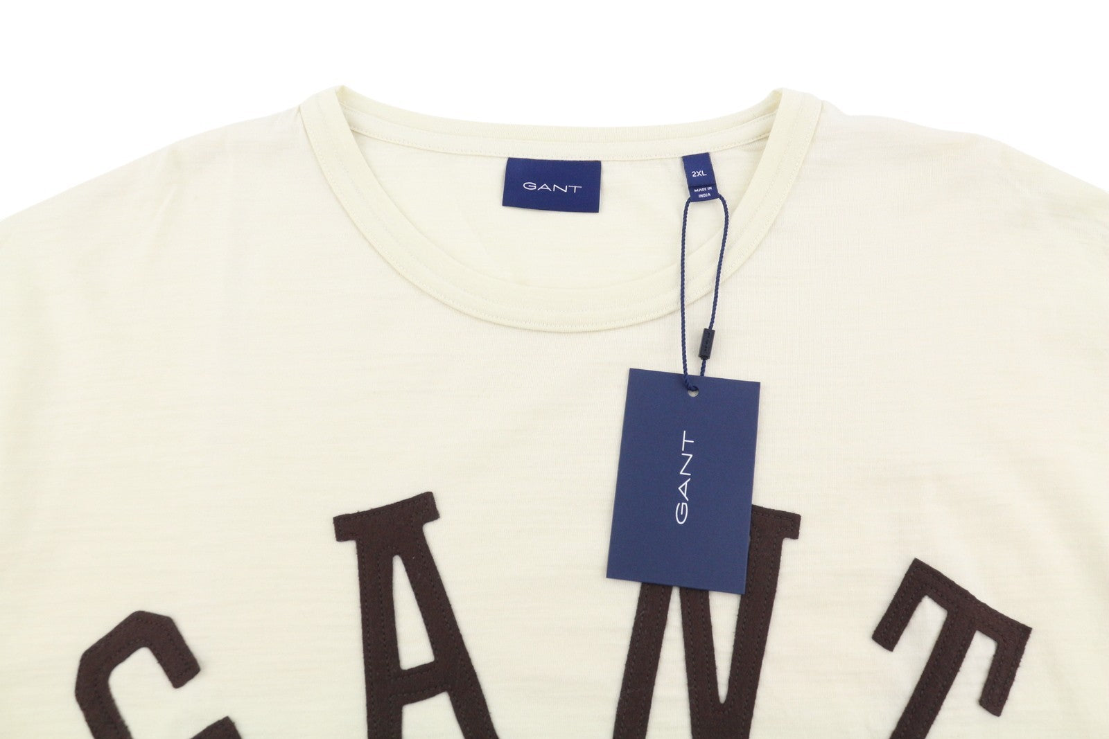 GANT Wool Jersey Men T-Shirt 2XL Cream Crew Neck Stretch Long Sleeve Logo