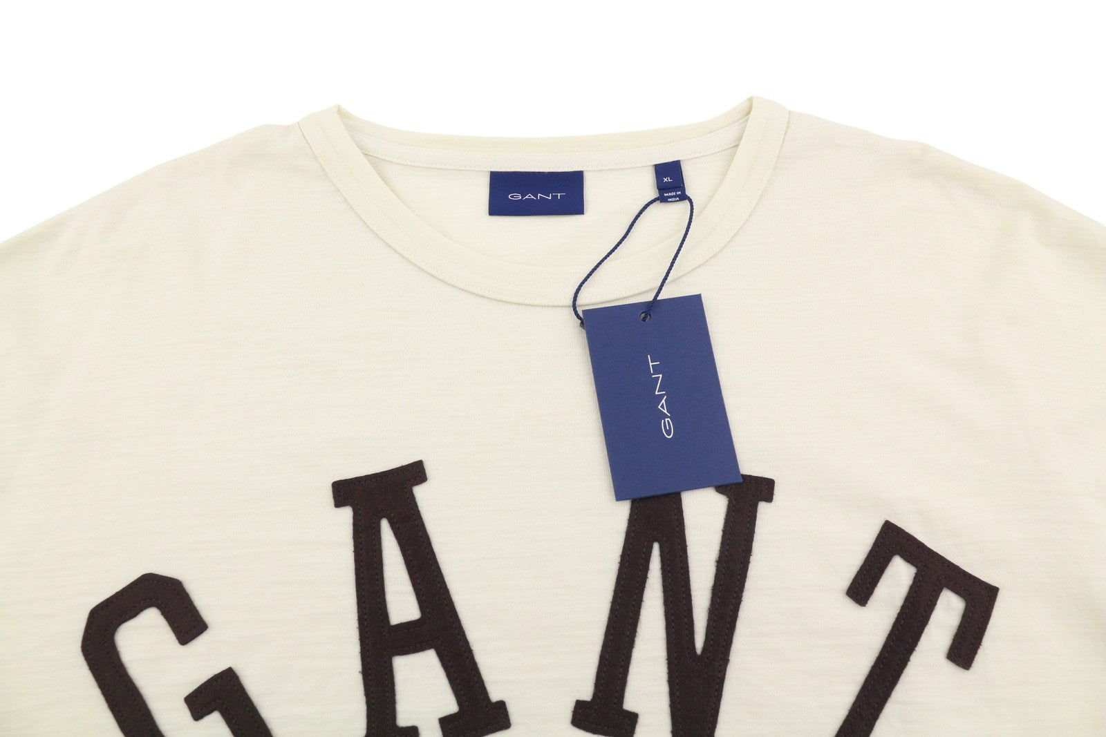GANT Wool Jersey Men T-Shirt XL Cream Crew Neck Stretch Long Sleeve Logo