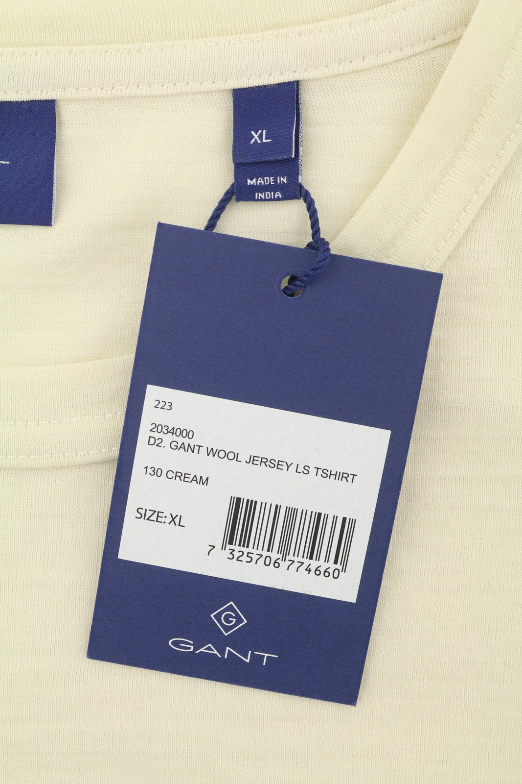 GANT Wool Jersey Men T-Shirt XL Cream Crew Neck Stretch Long Sleeve Logo