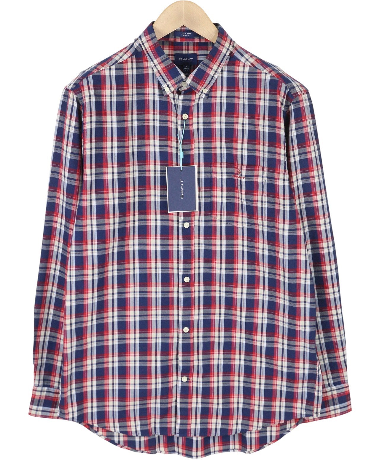 GANT Tech Prep Oxford Check Men Shirt L Equestrian Red Button-Down Pocket Casual