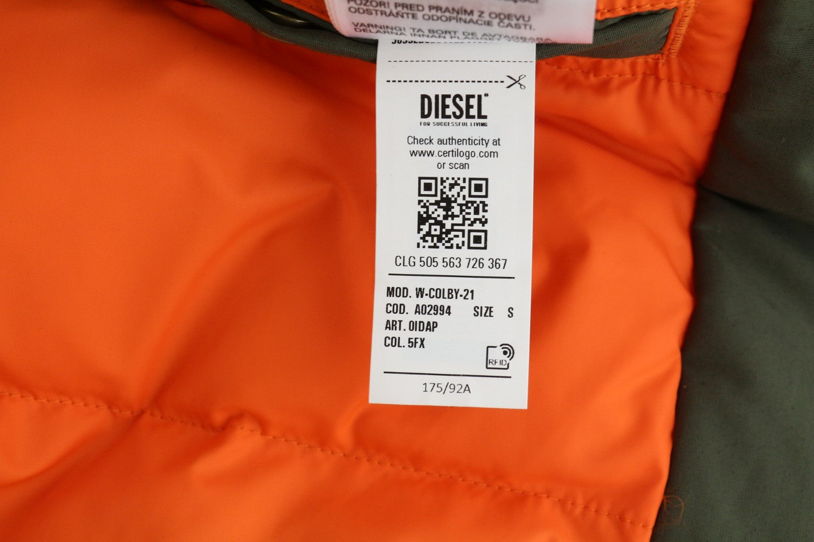 DIESEL V-Colby Men's Jacket S Green Hooded Parka Padded Mid-Length RRP395