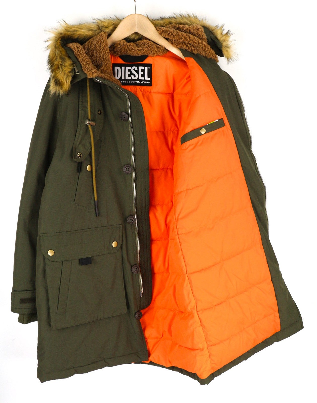 DIESEL V-Colby vyriška striukė S chaki spalvos parka su gobtuvu, pašiltinta vidutinio ilgio, RRP395 