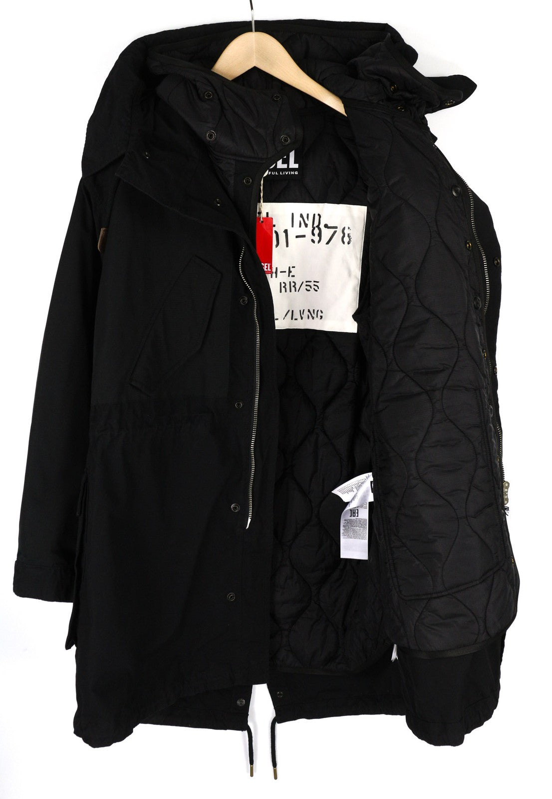 DIESEL W-Miles Men's Jacket S Black Padded Parka Hidden Zip Hooded RRP475