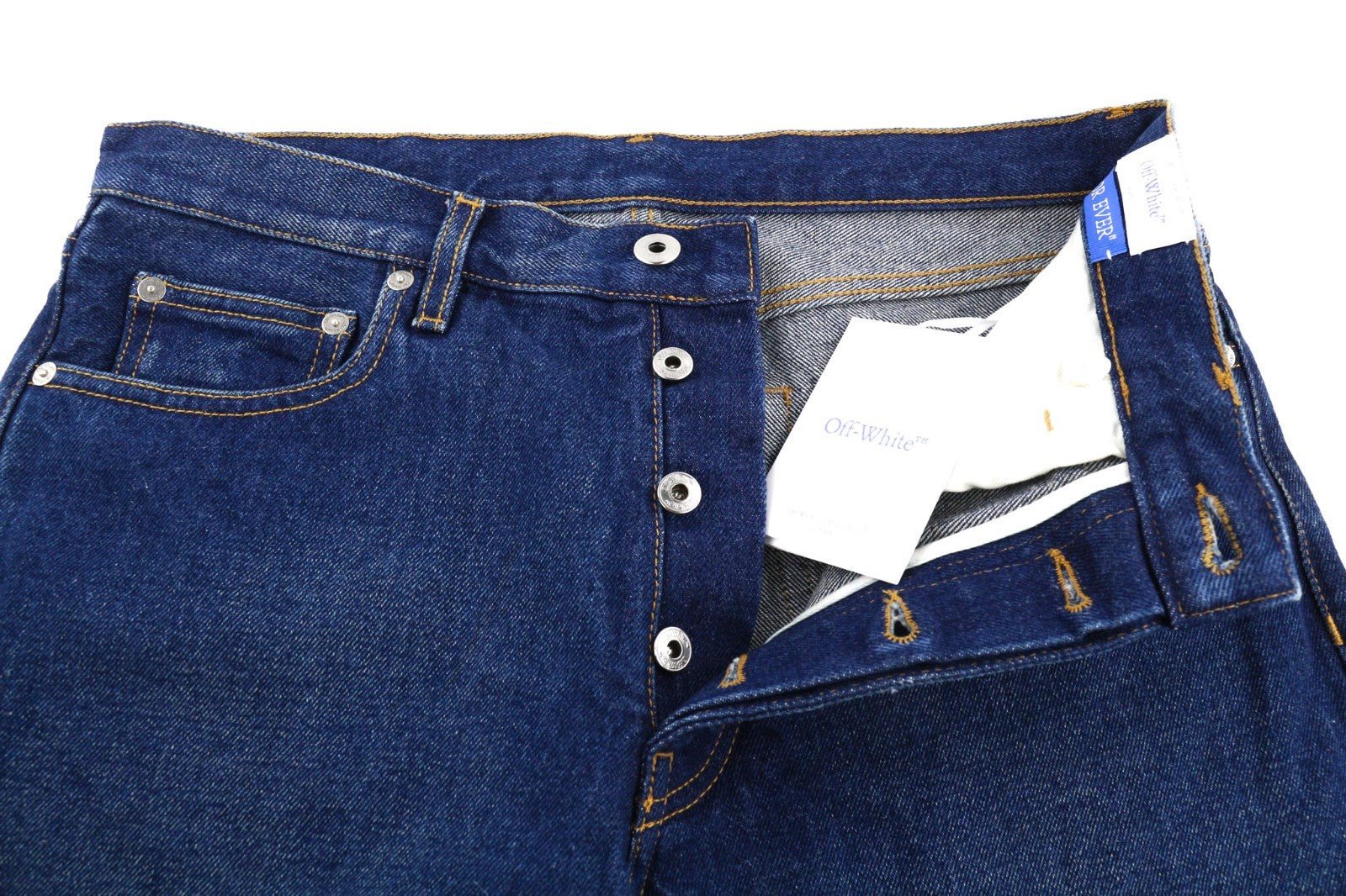 OFF-WHITE ARR Men Jeans W31 Dark Blue Tapered Washed Denim Button Pocket RRP650