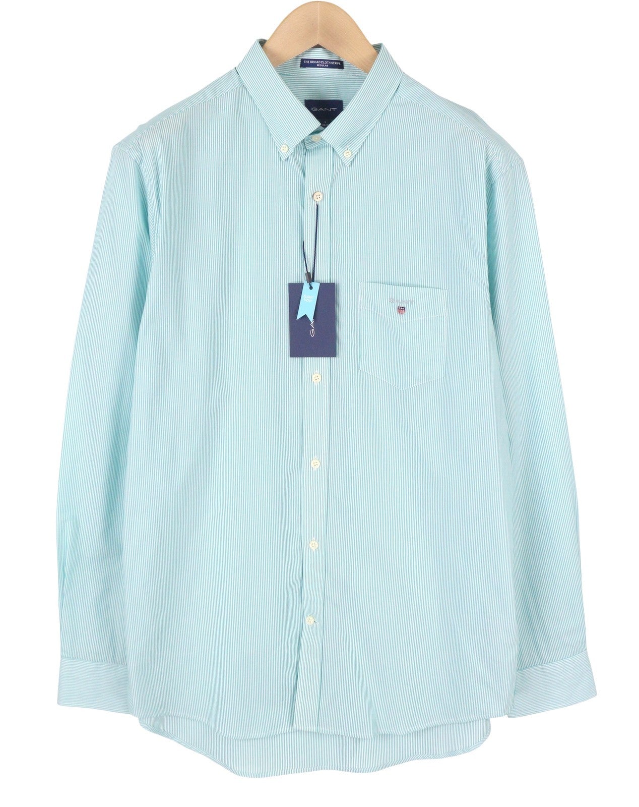 GANT The Broadcloth Stripe Men Shirt L Aqua Green Button-Down Neck Patch Pocket