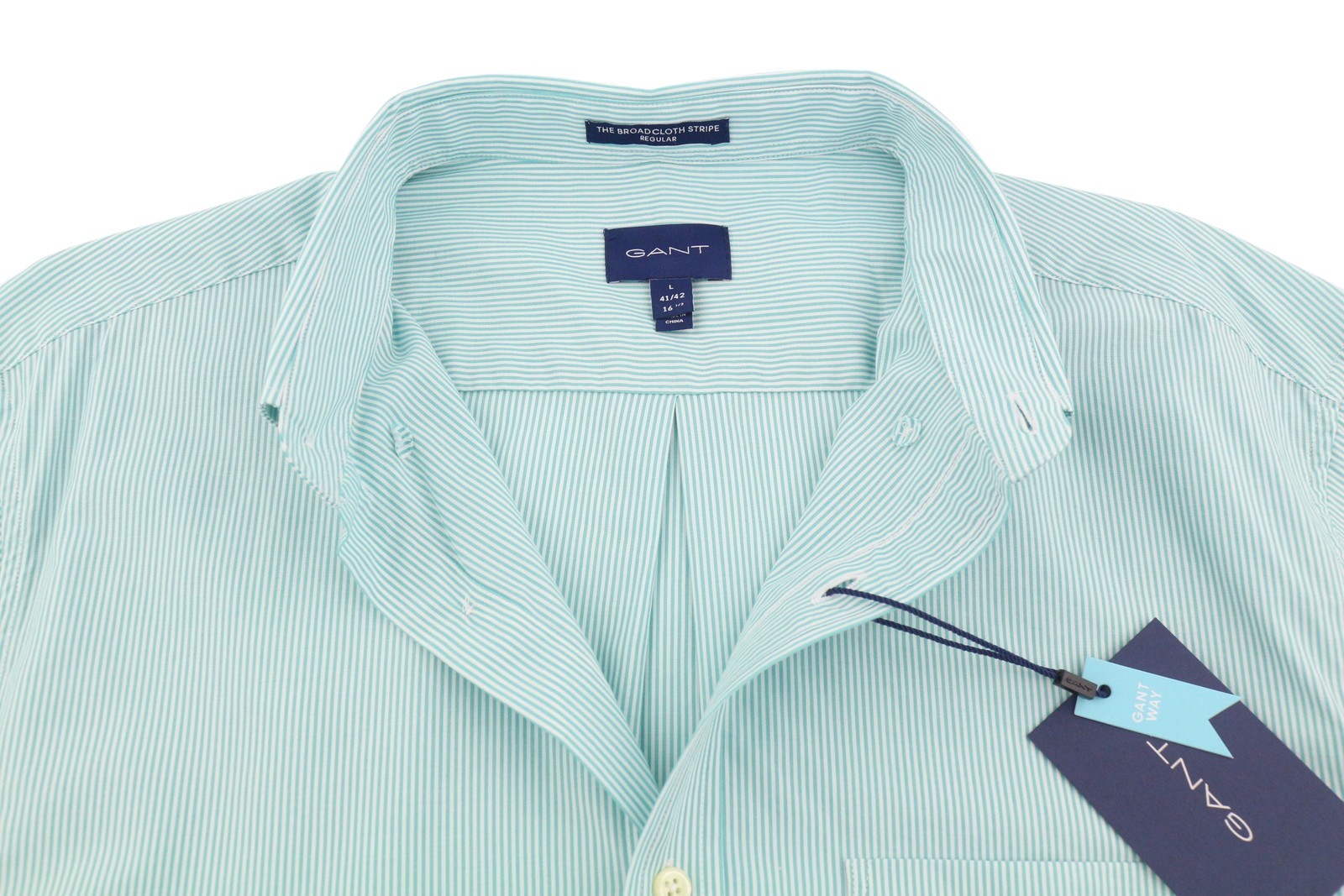 GANT The Broadcloth Stripe Men Shirt L Aqua Green Button-Down Neck Patch Pocket