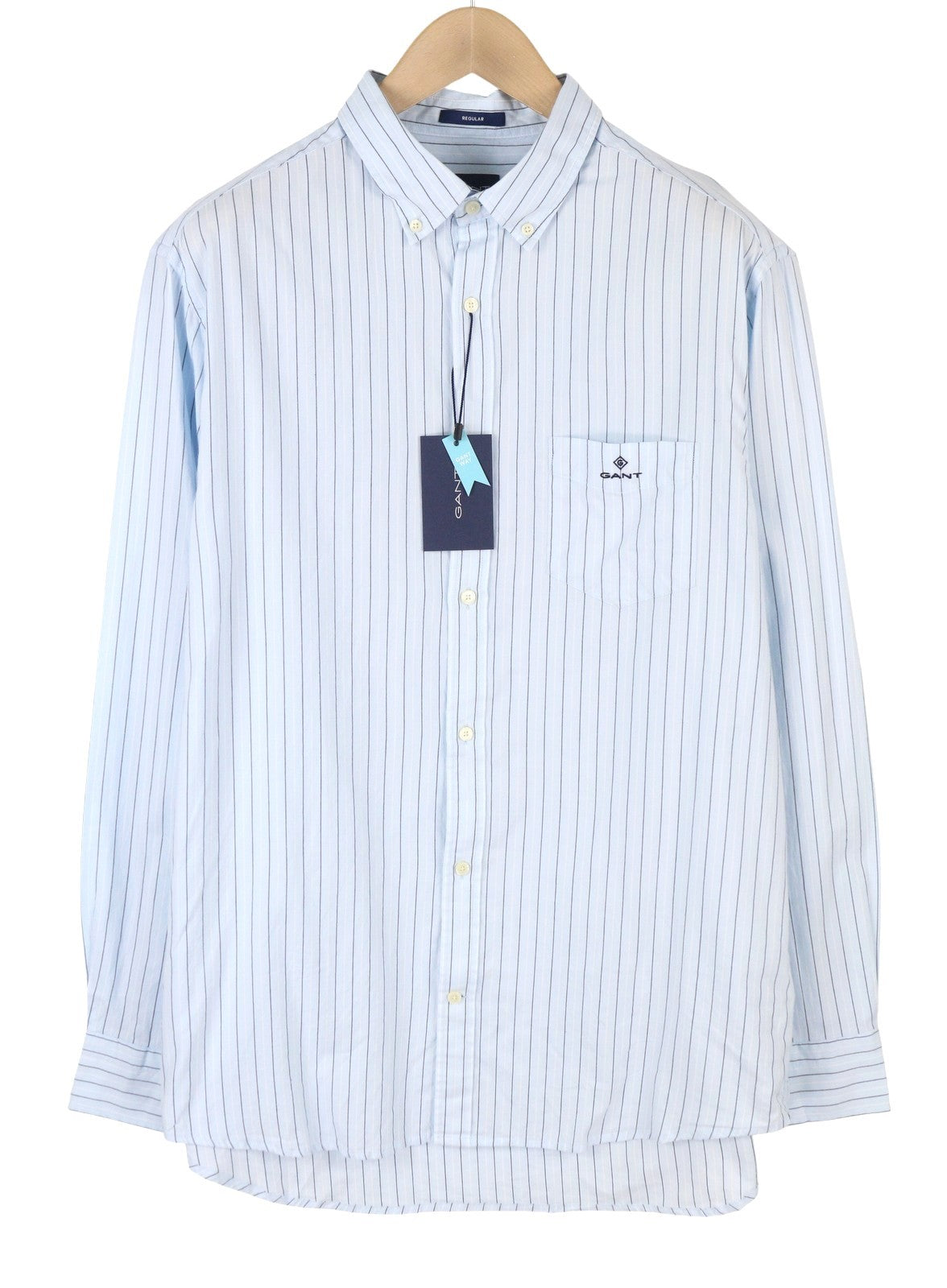 GANT Reg Oxf Stripe Men Shirt XL Light Blue Button-Down Neck Patch Pocket Casual