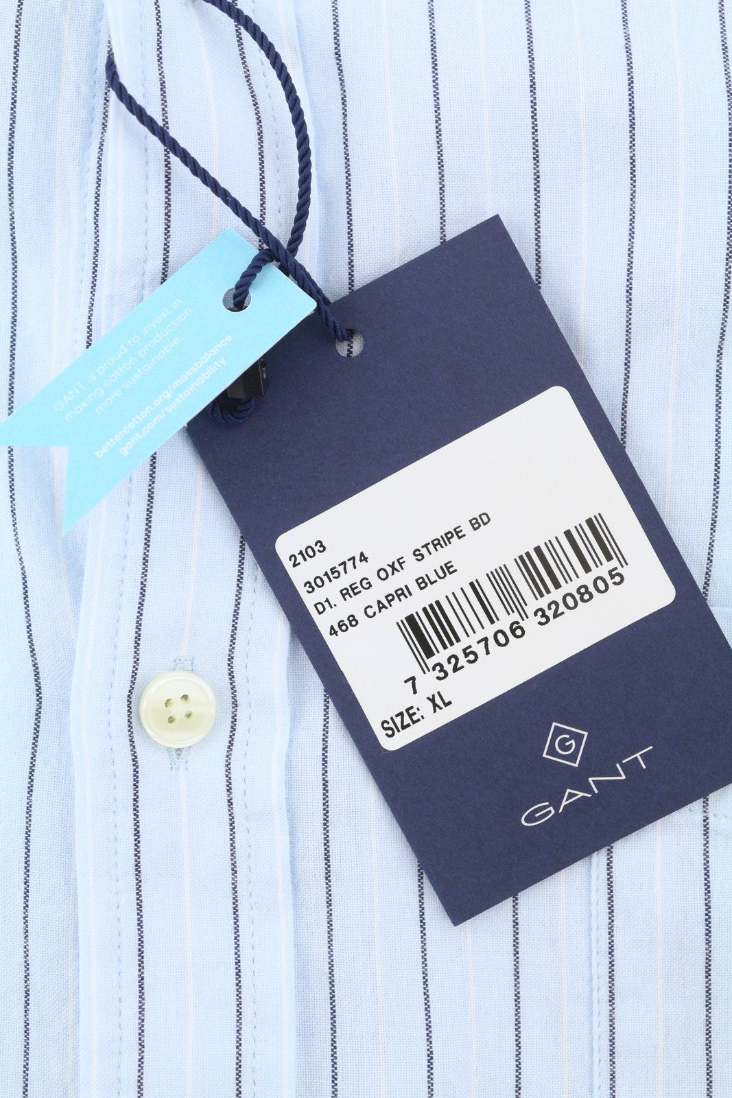 GANT Reg Oxf Stripe Men Shirt XL Light Blue Button-Down Neck Patch Pocket Casual