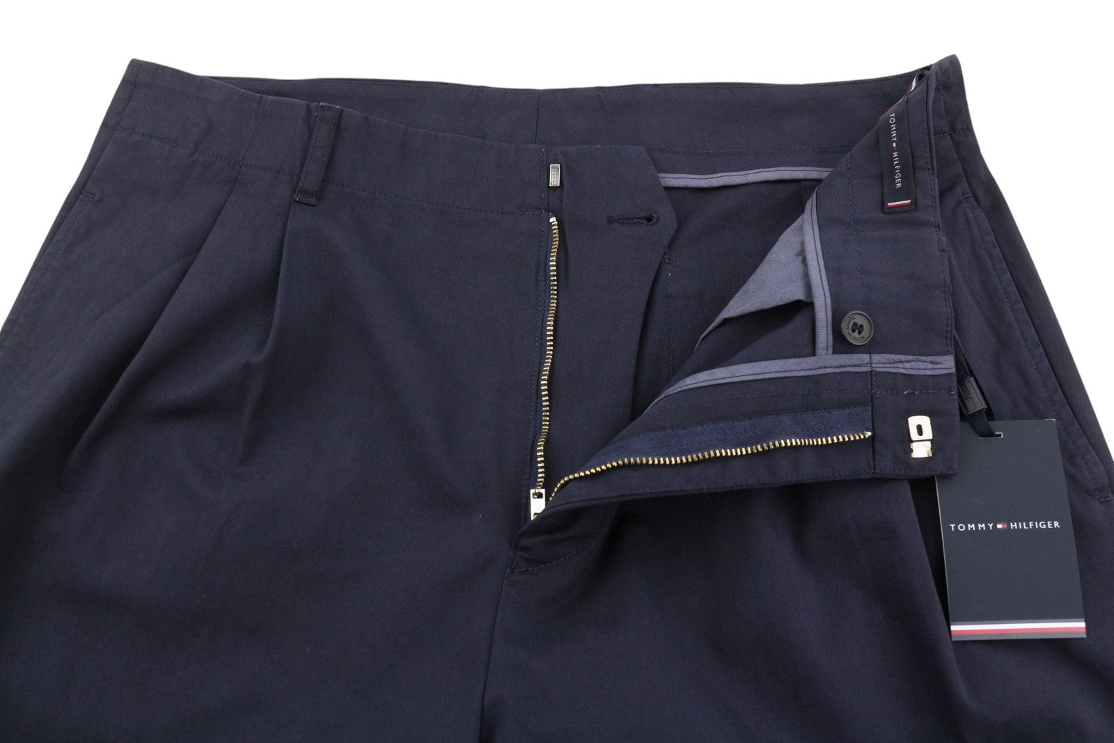 TOMMY HILFIGER Army Stretch Twill Men Trousers EU50 Dark Blue Pleated Zip Fly