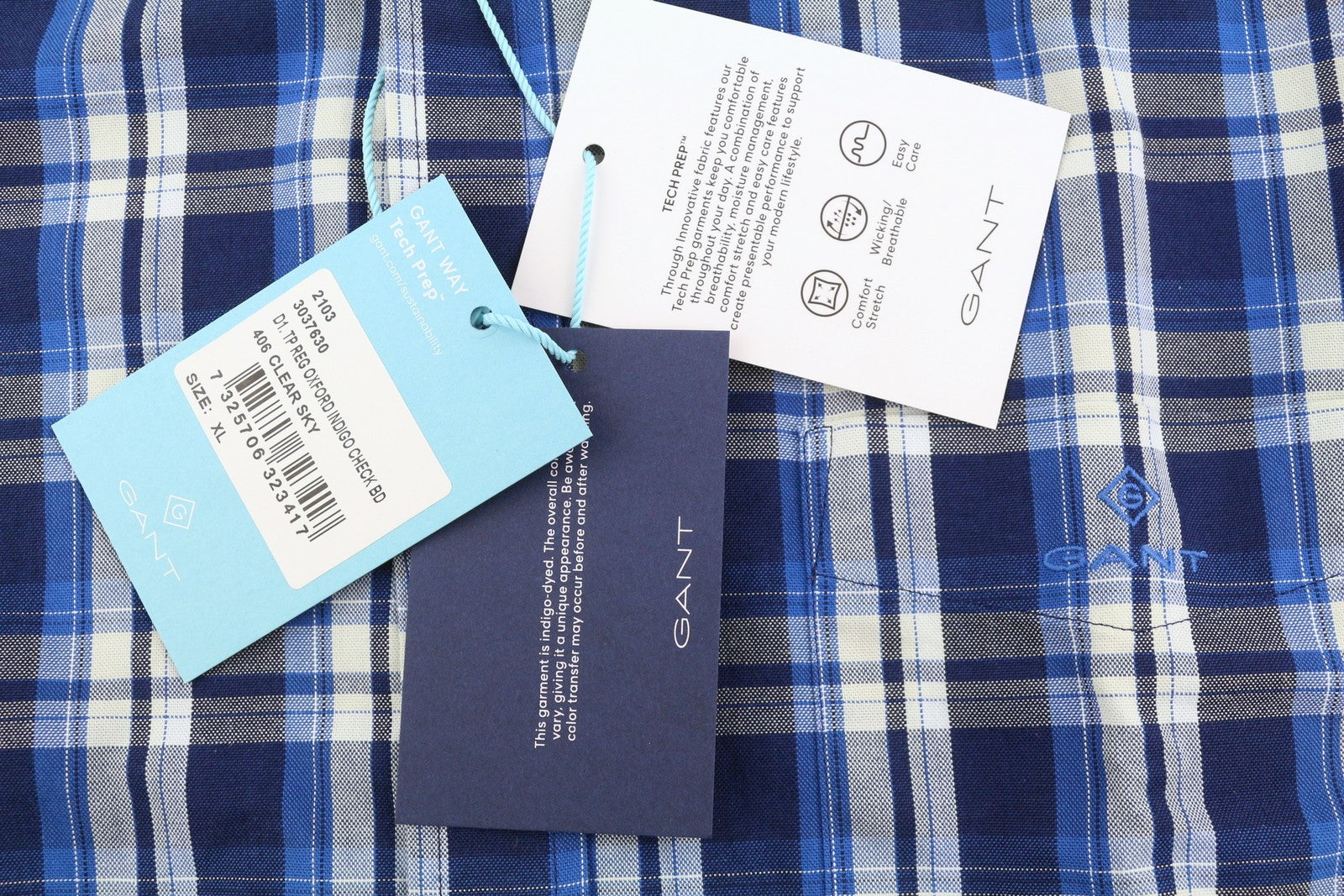 GANT Tech Prep Oxford Check Men Shirt XL Blue Regular Button-Down Neck Casual