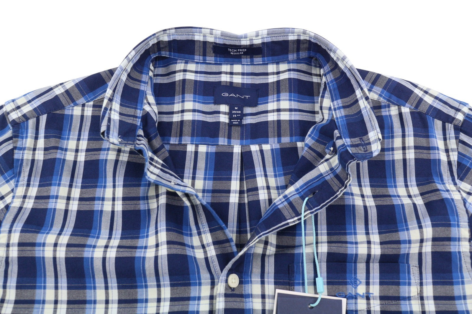 GANT Tech Prep Oxford Check Men Shirt M Blue Regular Button-Down Neck Casual