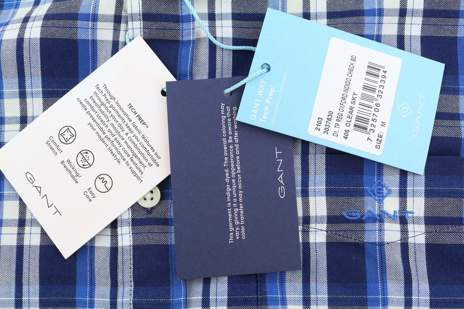 GANT Tech Prep Oxford Check Men Shirt M Blue Regular Button-Down Neck Casual