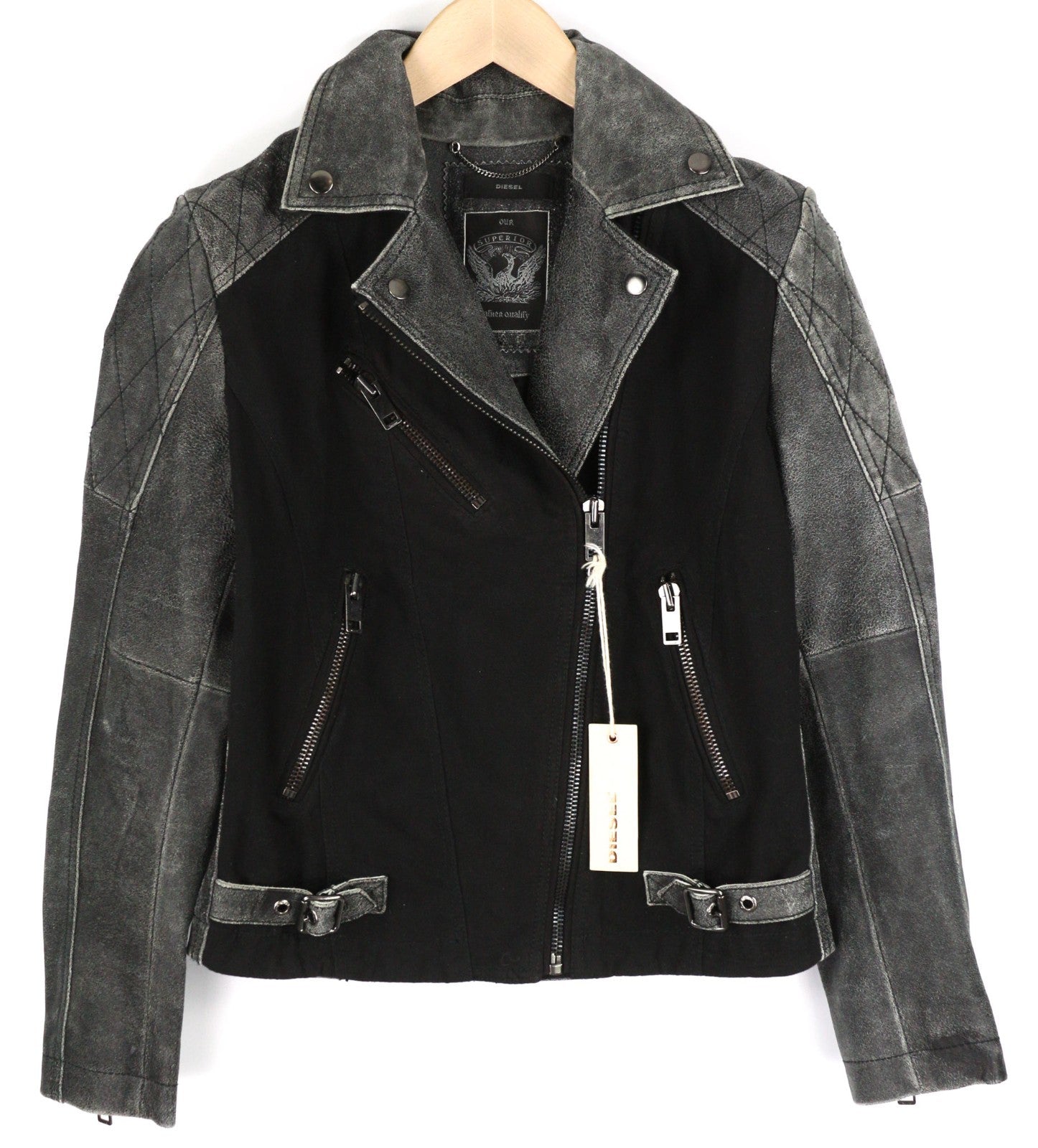 DIESEL L-Dada Women Jacket S Black Washed Goatskin Leather Asymmetric Zip RRP410