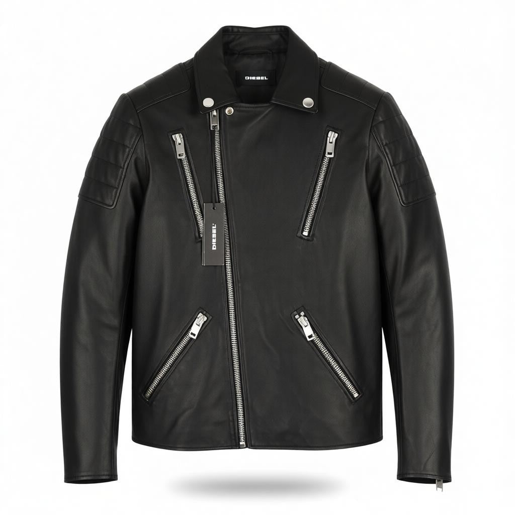 DIESEL R-Pusmir vyriška striukė S, juoda, su avikailio pamušalu ir asimetrišku užtrauktuku. 