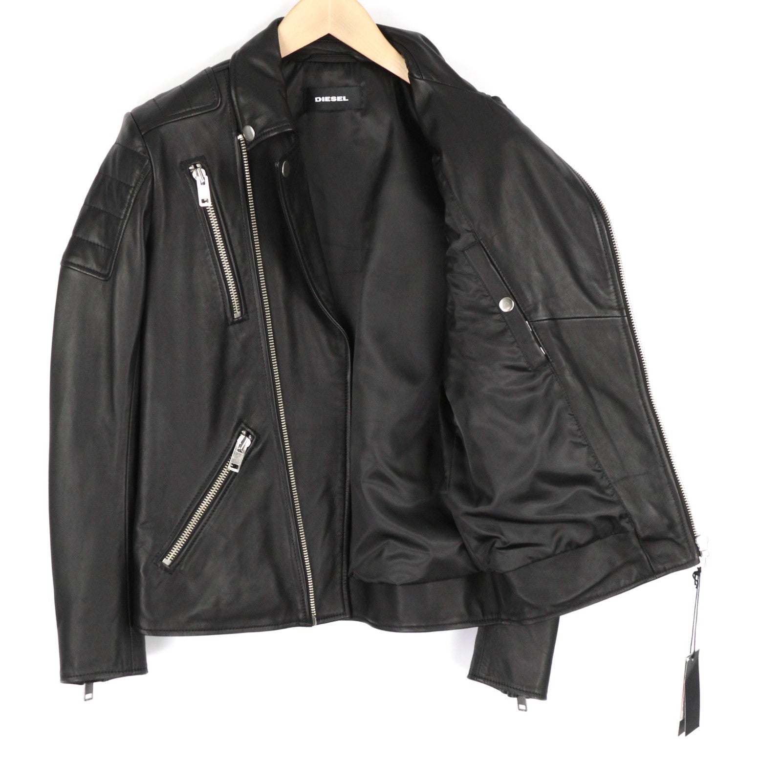 DIESEL R-Pusmir vyriška striukė S, juoda, su avikailio pamušalu ir asimetrišku užtrauktuku. 