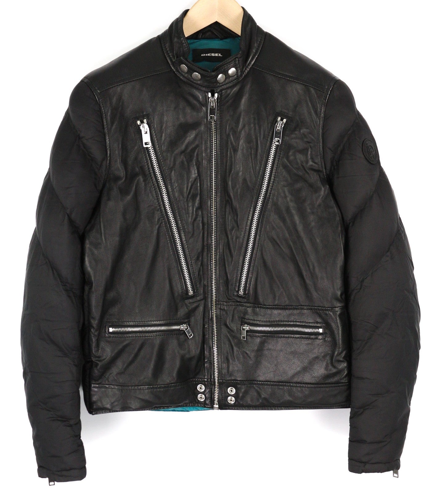 DIESEL L-Winter Men Jacket M Black Lambskin Leather Padded Band Neck Lined