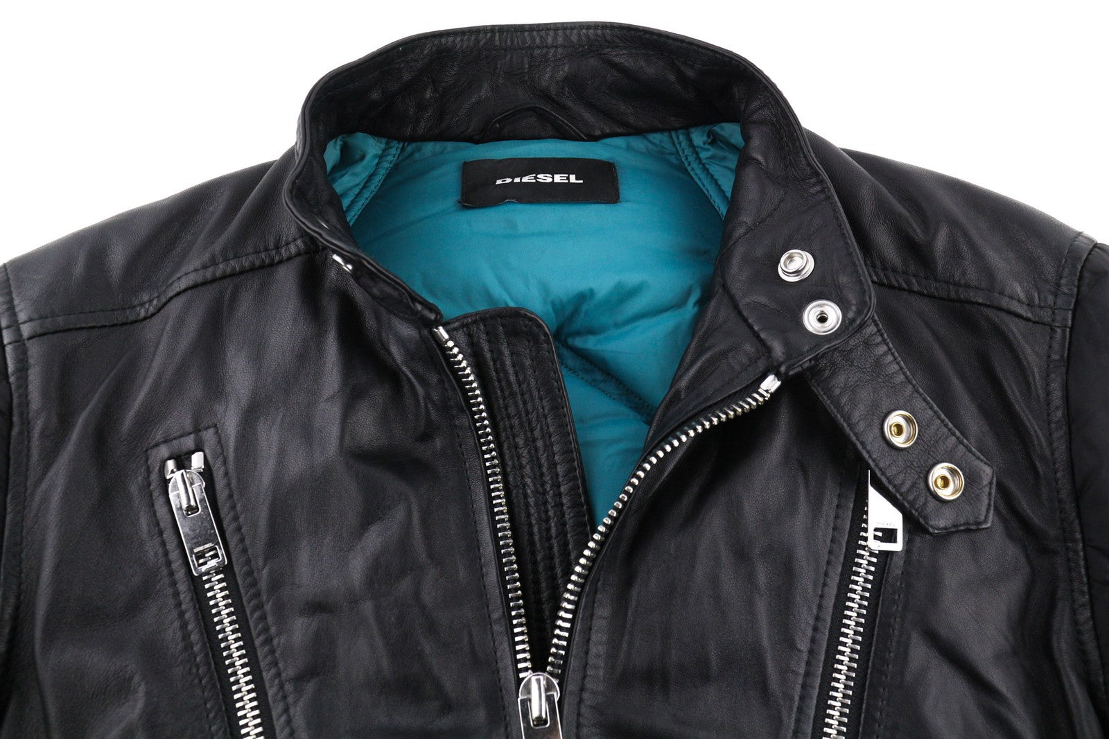 DIESEL L-Winter Men Jacket M Black Lambskin Leather Padded Band Neck Lined