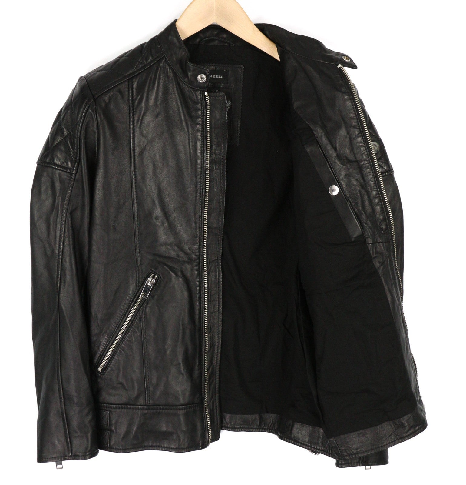 DIESEL L-Marton vyriška striukė S juoda odinė lengva striukė su užtrauktuku ant juosmens apykaklės 