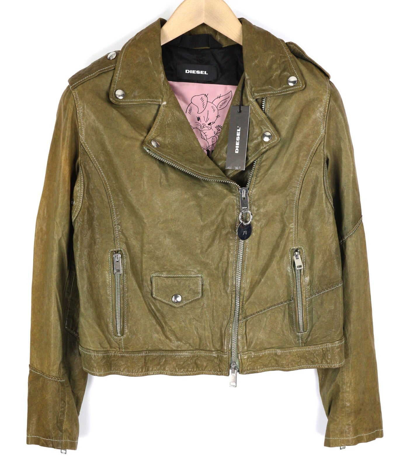 DIESEL R-Sery Women Jacket L Lambskin Leather Asymmetric Zipper Notch Collar