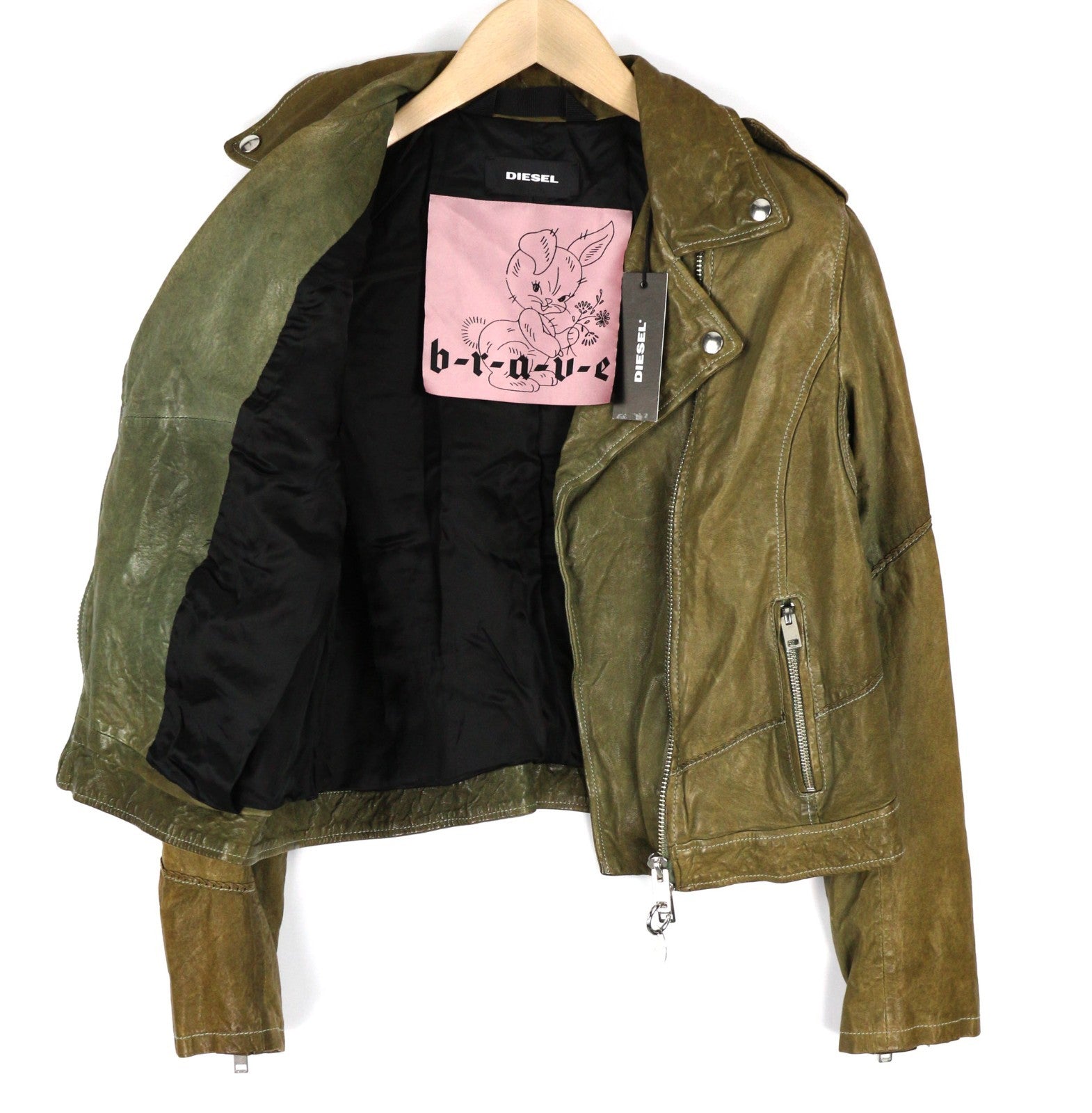 DIESEL R-Sery Women Jacket L Lambskin Leather Asymmetric Zipper Notch Collar