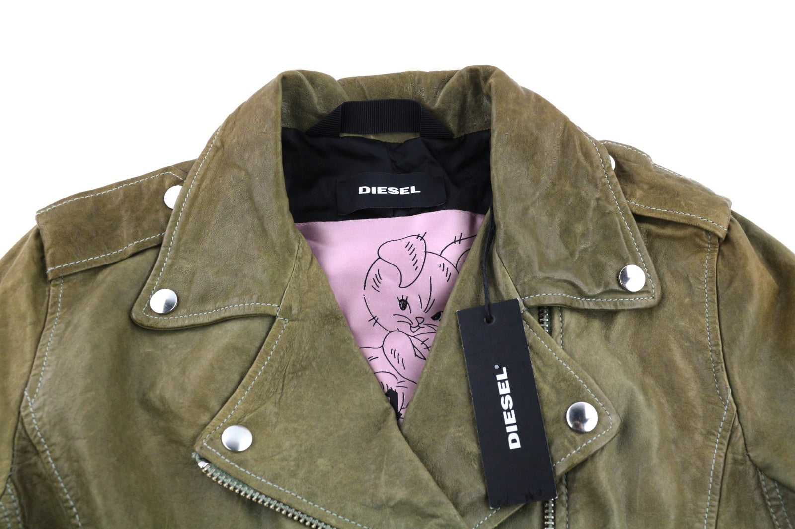 DIESEL R-Sery Women Jacket L Lambskin Leather Asymmetric Zipper Notch Collar