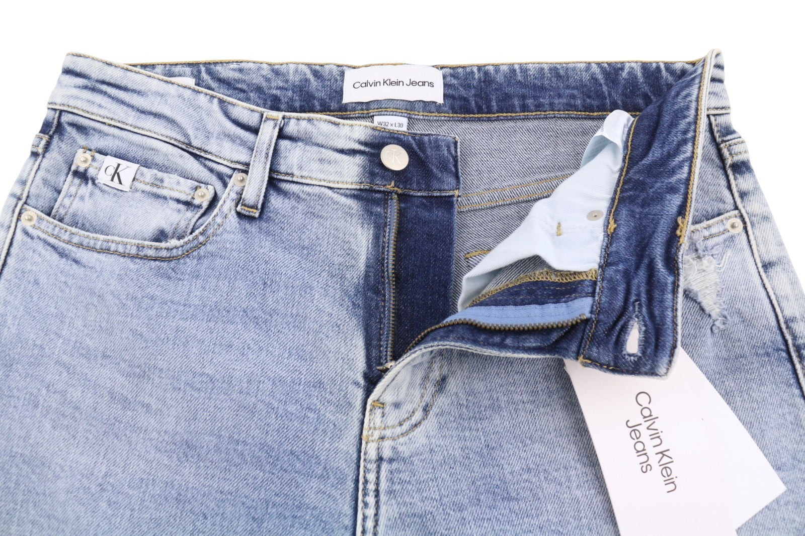 CALVIN KLEIN Slim Men Jeans W32/L30 Blue Faded Whiskers Distress Ripped Denim