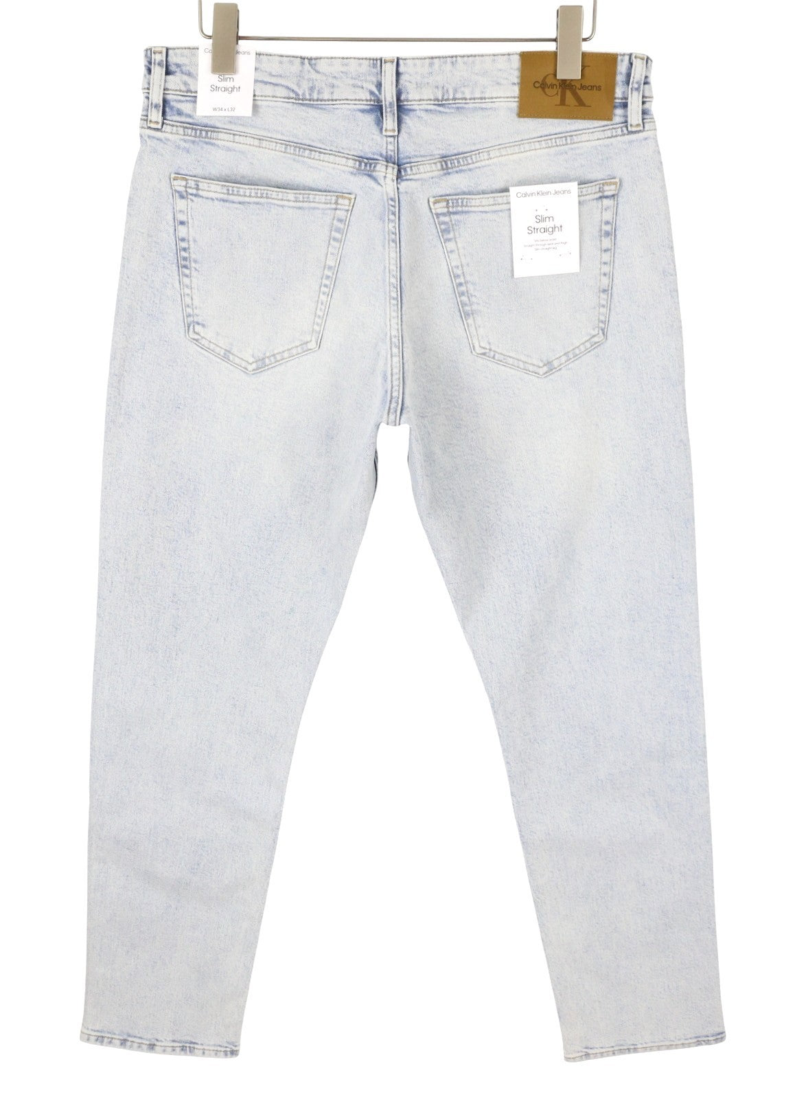 CALVIN KLEIN Slim Straight Men Jeans W34/L32 Blue Faded Whiskers Zip Fly Denim