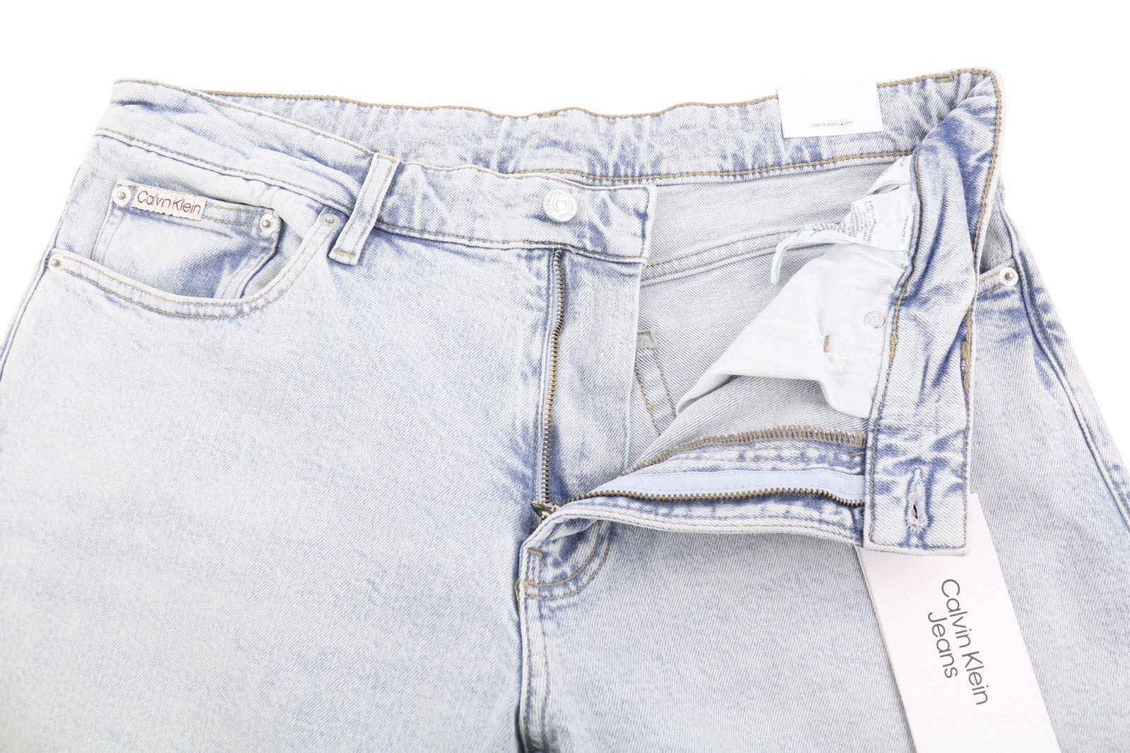 CALVIN KLEIN Slim Straight Men Jeans W34/L32 Blue Faded Whiskers Zip Fly Denim