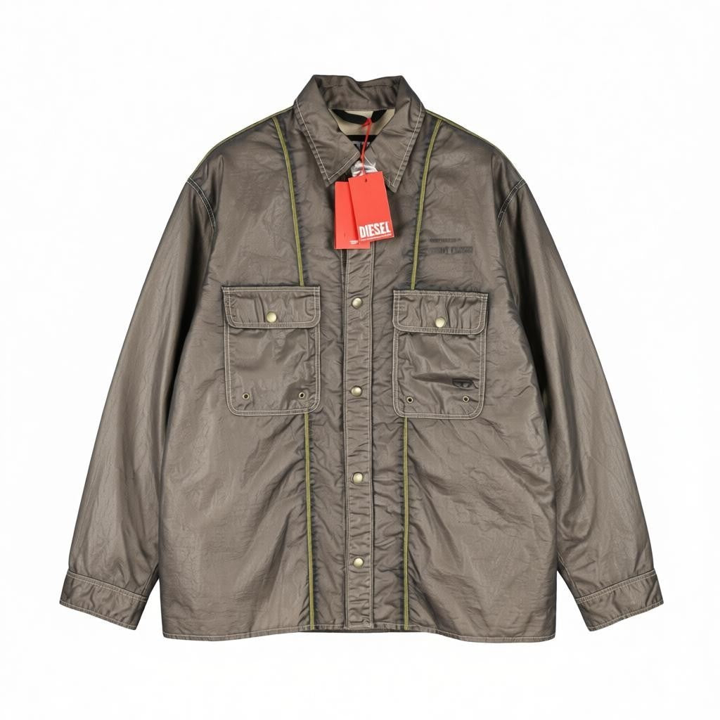 DIESEL S-U24 Men Jacket L Shiny Snap Button Lined Polo Collar Lightweight RRP275