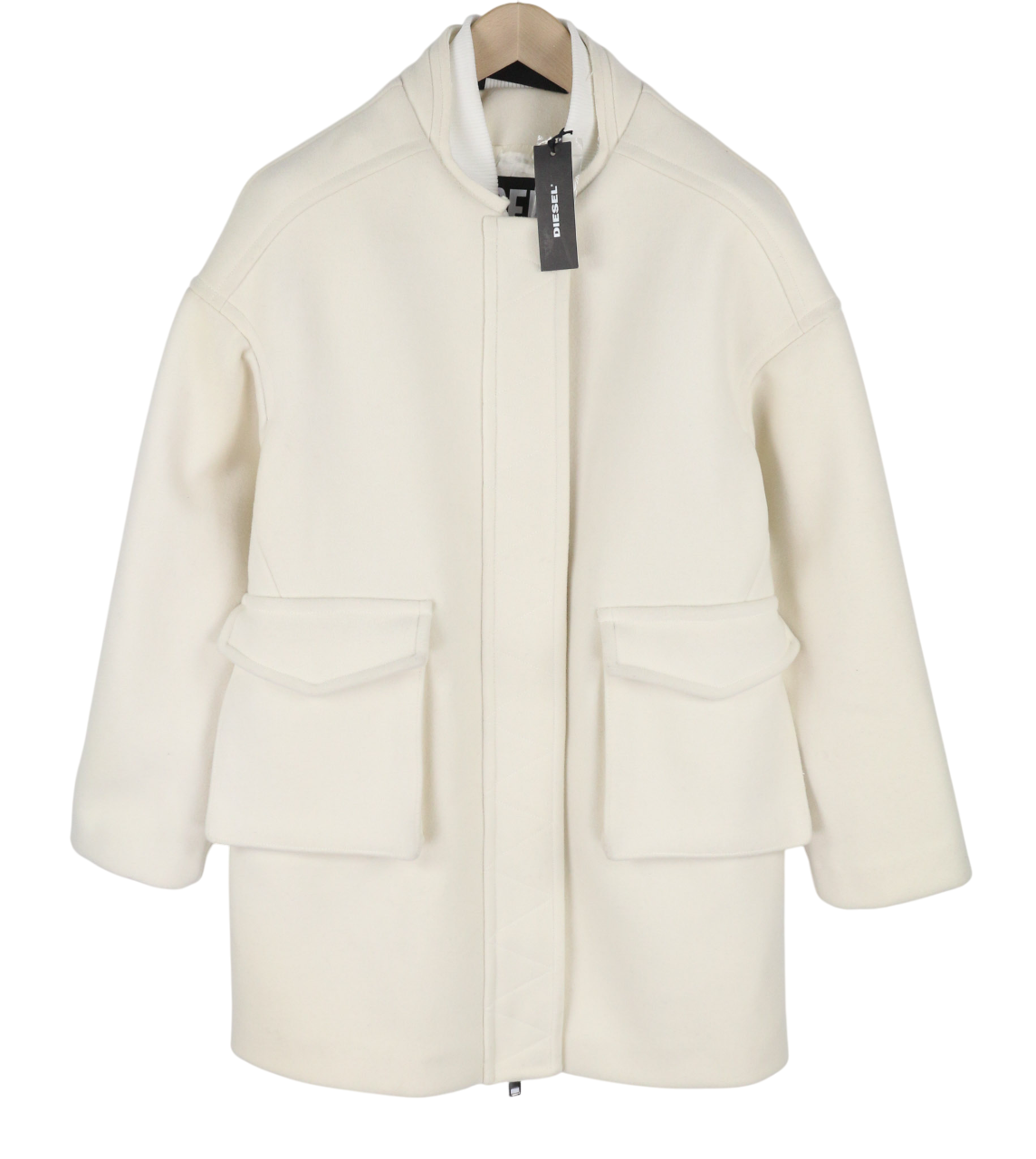 DIESEL W-Lethea Women Coat S Light Wool Blend Zip Mid-Length Coat Patch RRP590