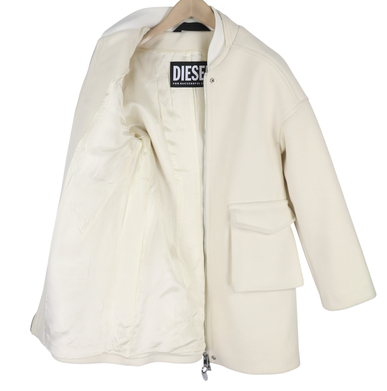 DIESEL W-Lethea Women Coat S Light Wool Blend Zip Mid-Length Coat Patch RRP590