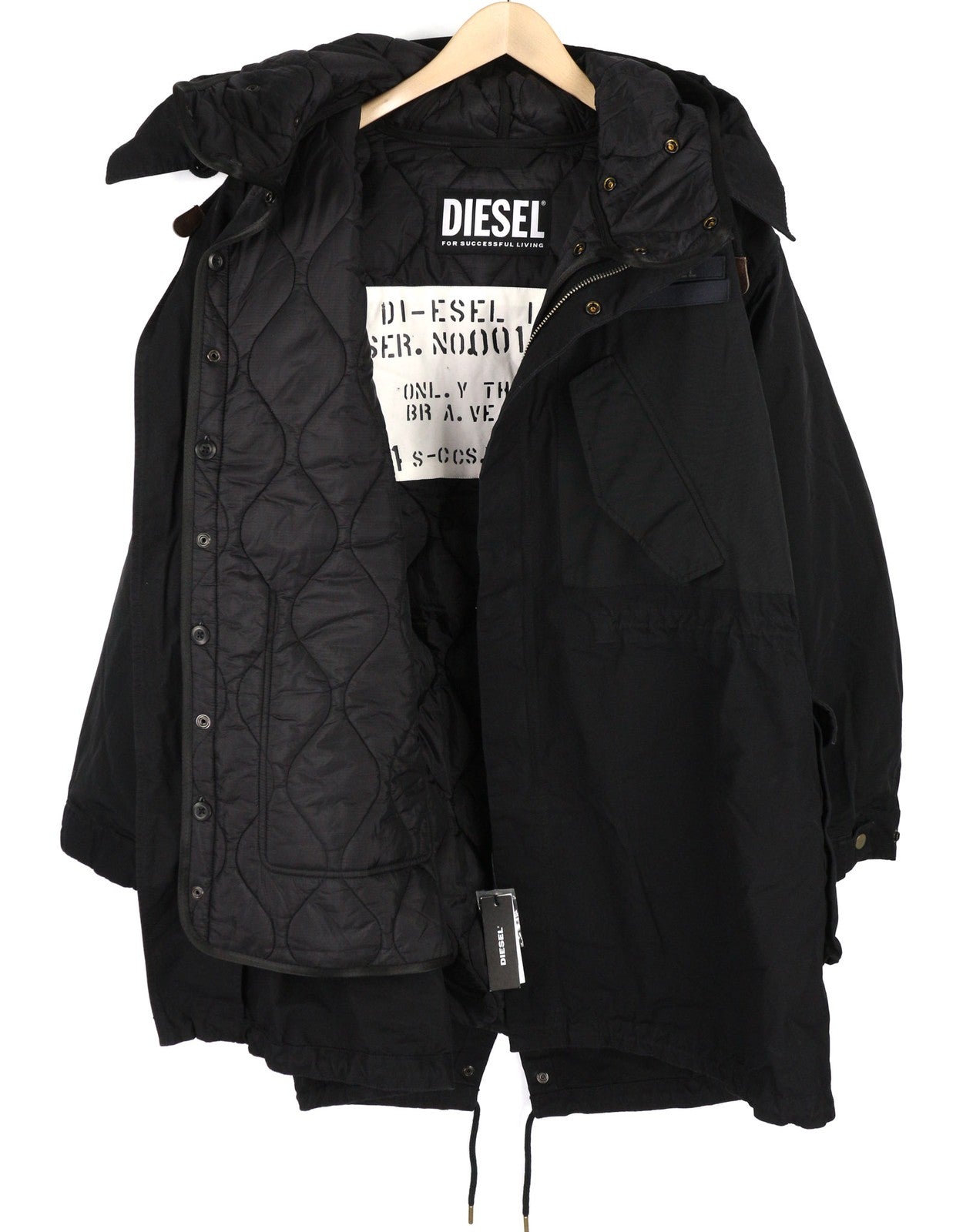 DIESEL W-Miles Men Jacket L Black 2in1 Parka Insulated Drawstring Waist RRP475