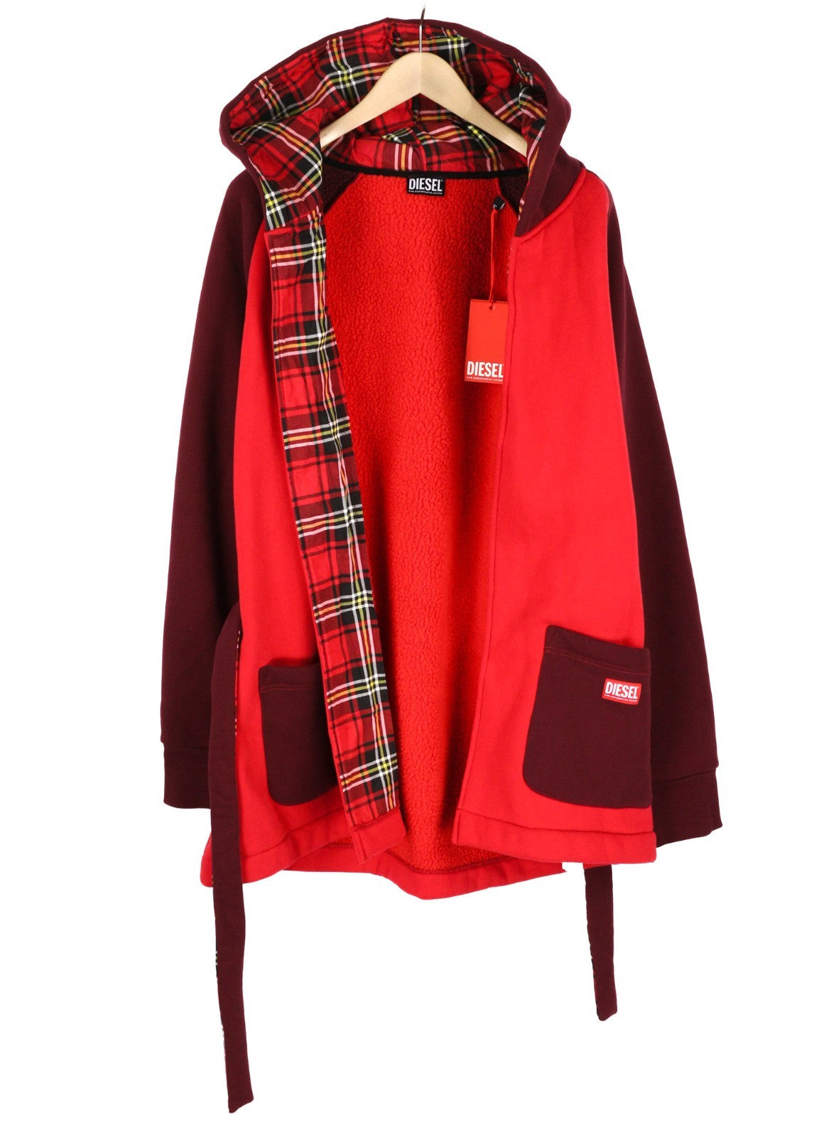 DIESEL Uudg-Jas-Homey Women Robe XL Fleece Hooded Unisex Belted with Pockets