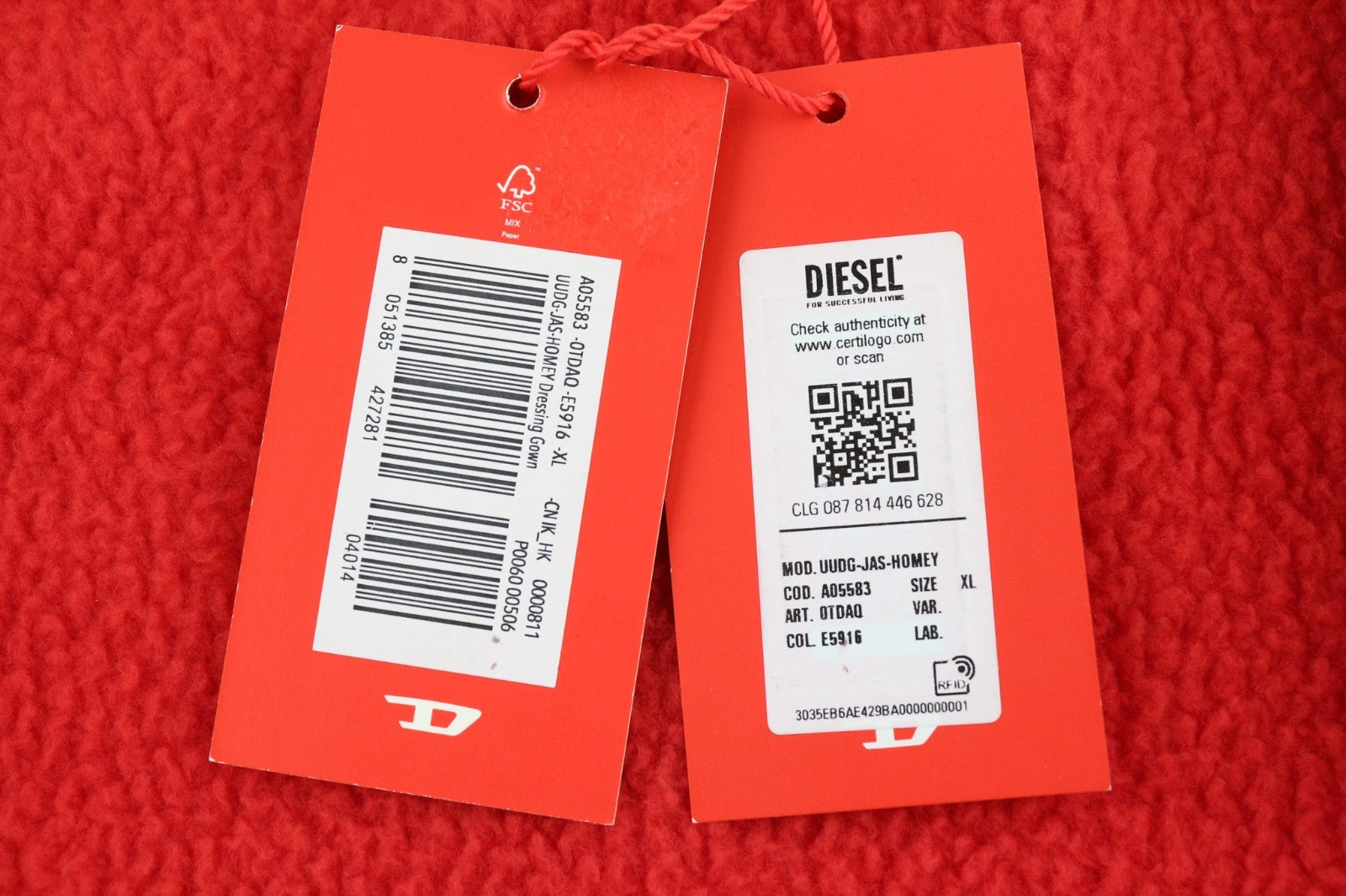 DIESEL Uudg-Jas-Homey Women Robe XL Fleece Hooded Unisex Belted with Pockets