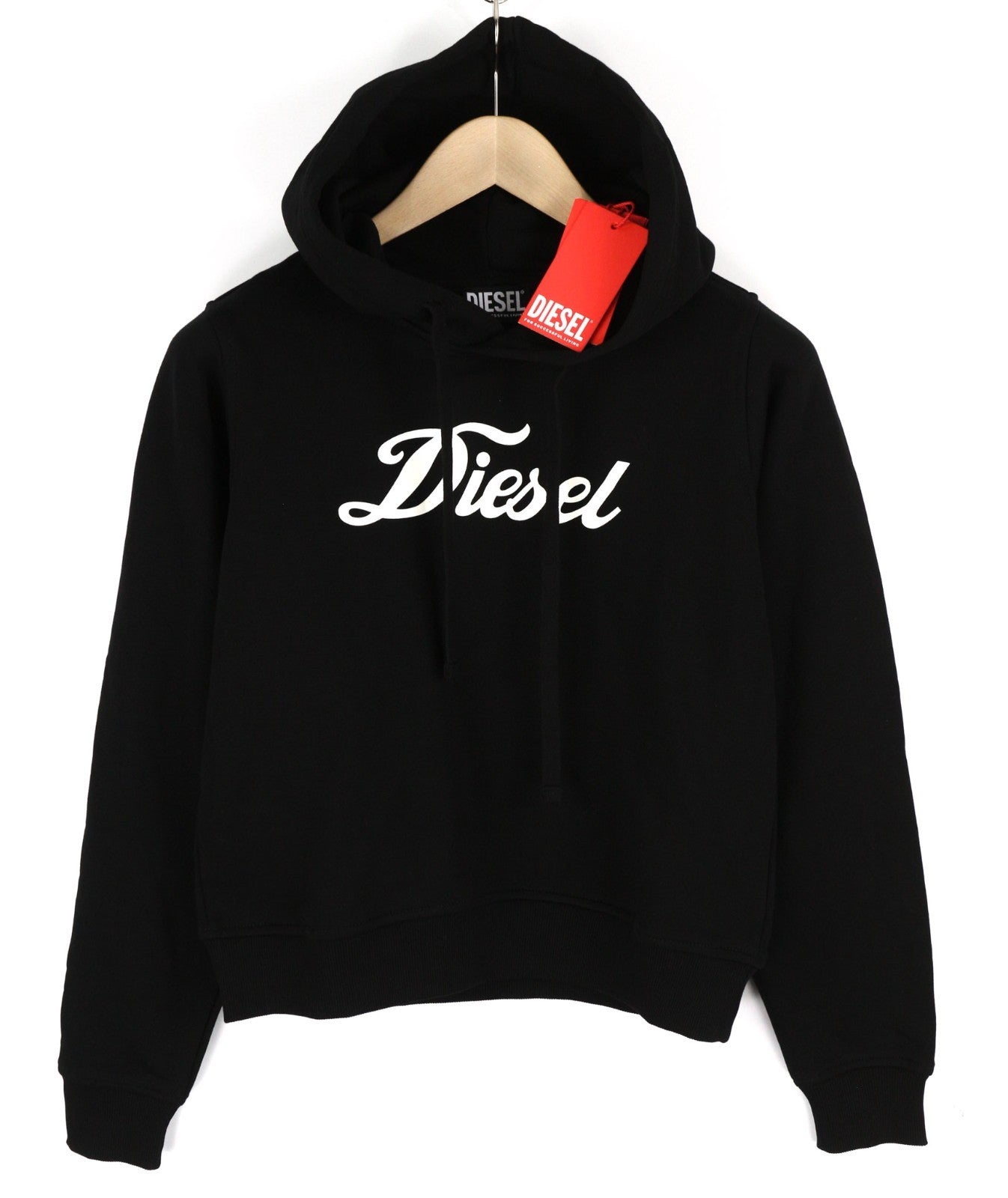 DIESEL F-Reggy-Hood Women Hoodie S Black Pullover Logo Straps Long Sleeve RRP175